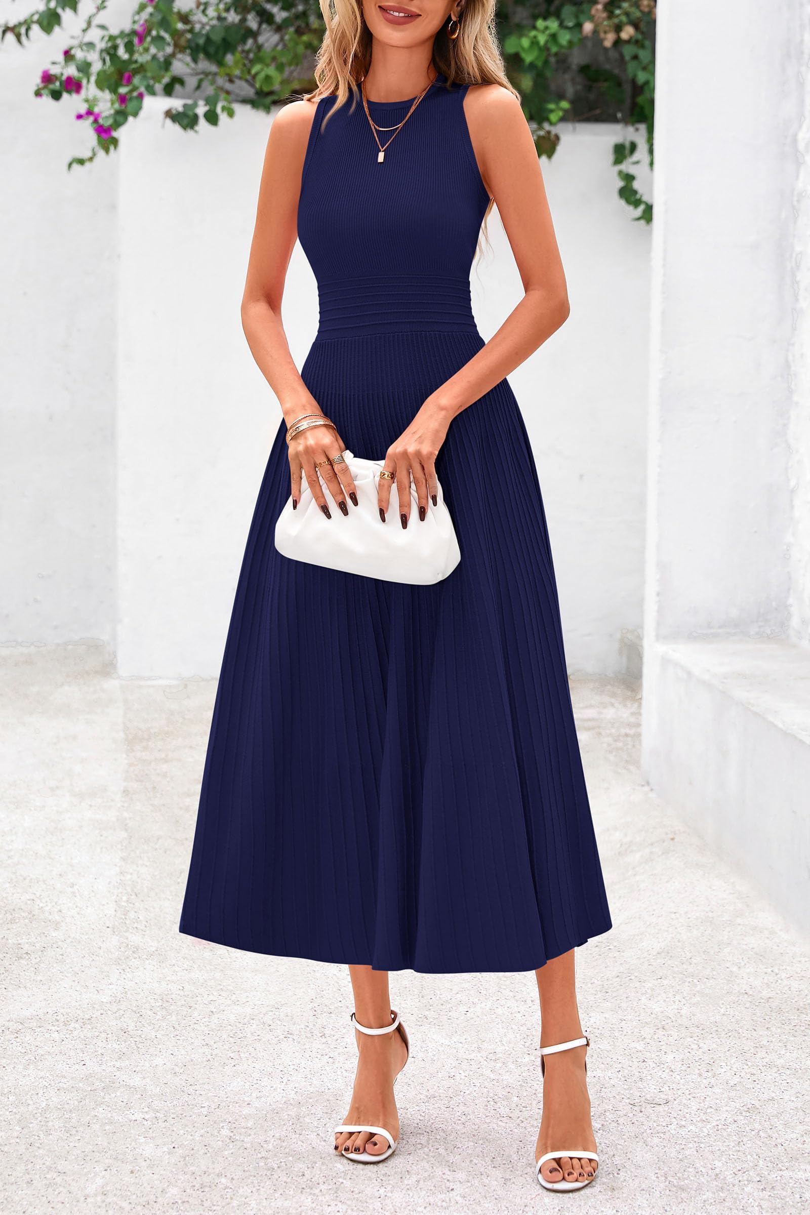 Women's Summer Pleated Midi Work Dress,Navy,S