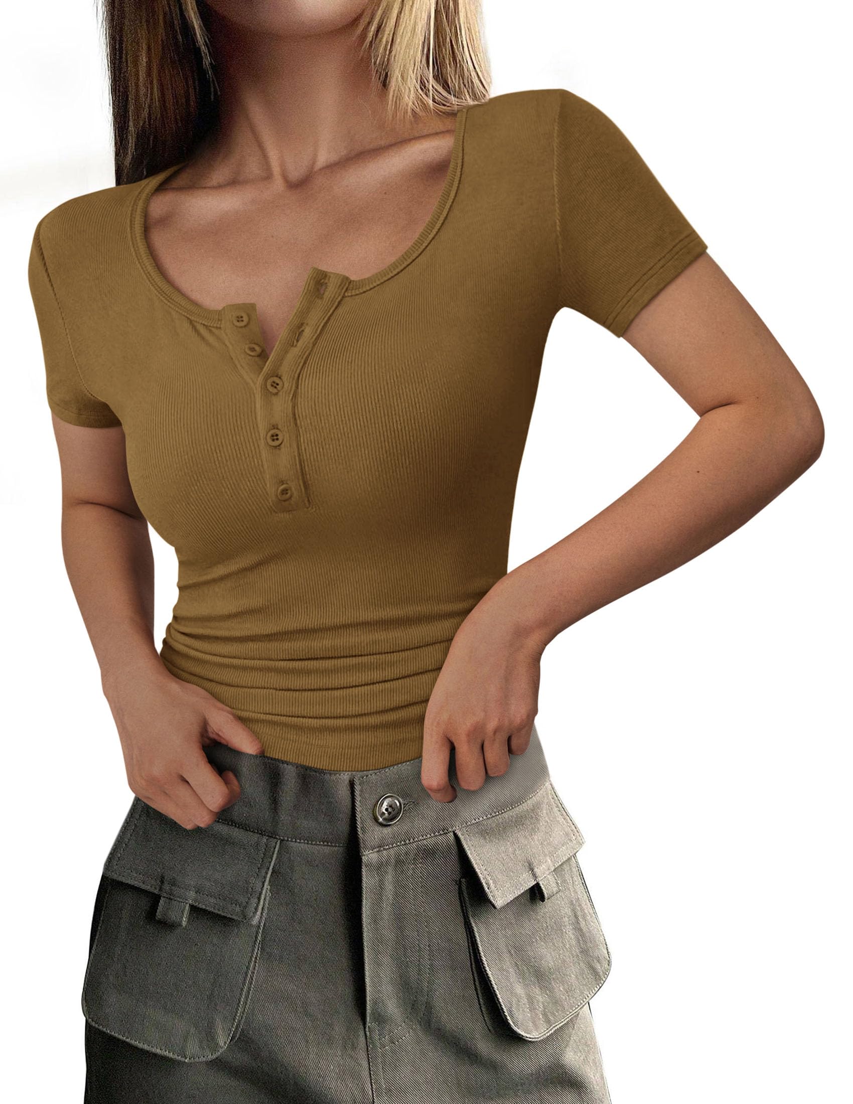 Women's Summer Tops Henley Tee Shirts (Brown Camel,X-Small)