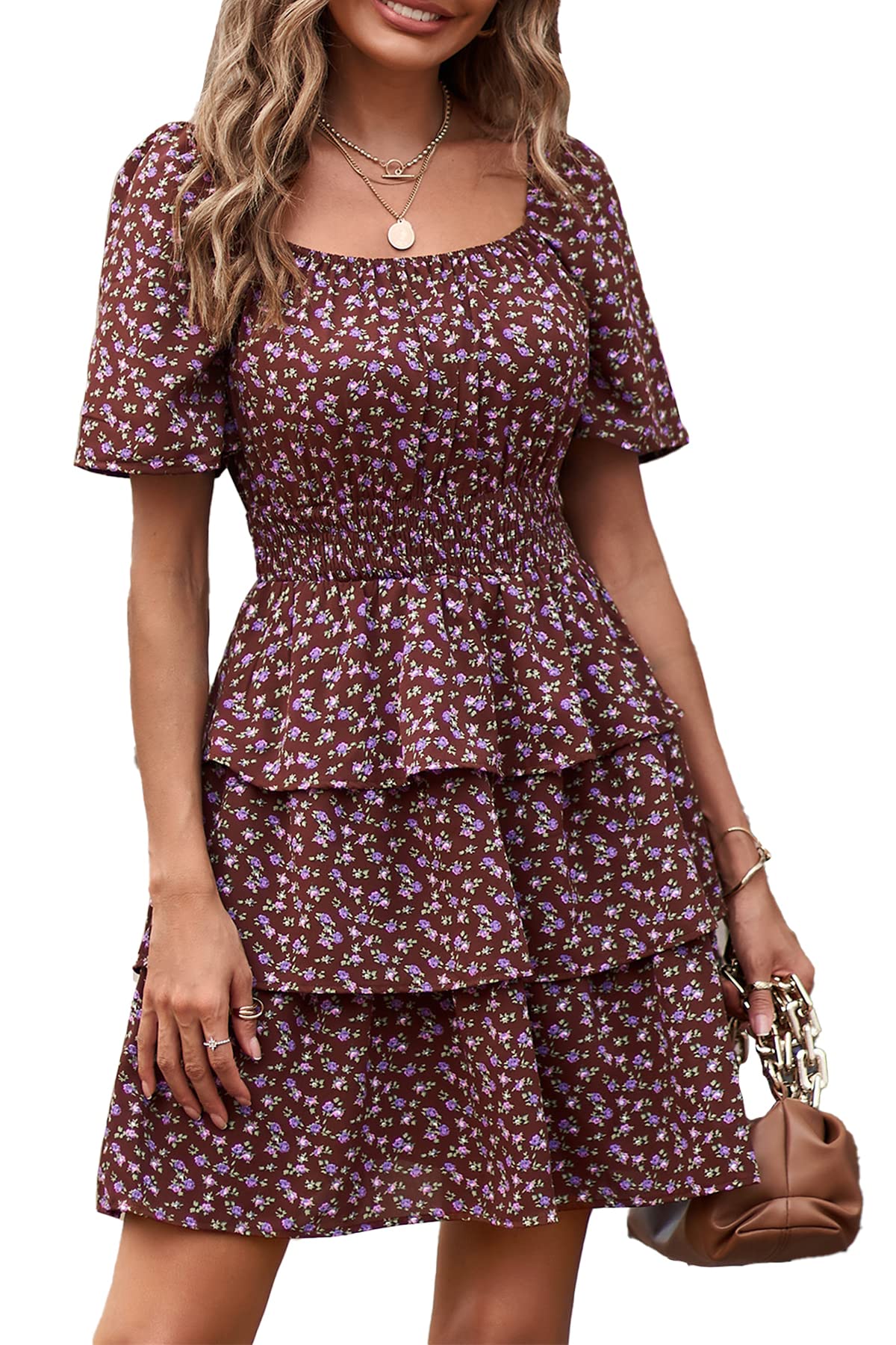 Women's Summer Floral Ruffle Short Dress Coffee,S