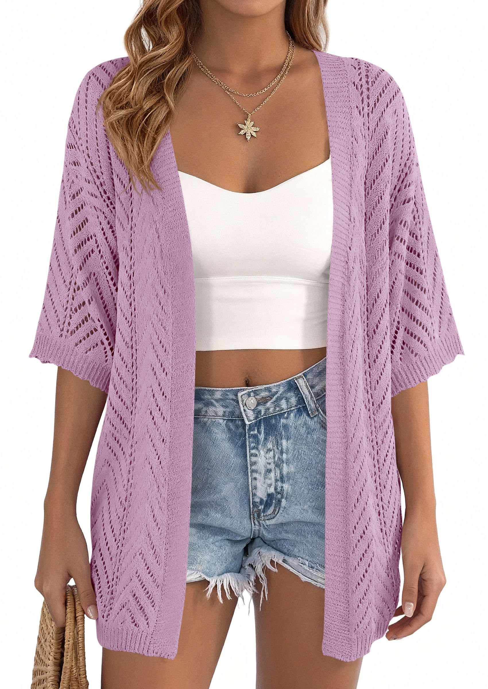 Women Lightweight Summer Short Sleeve Cardigan, Purple,S