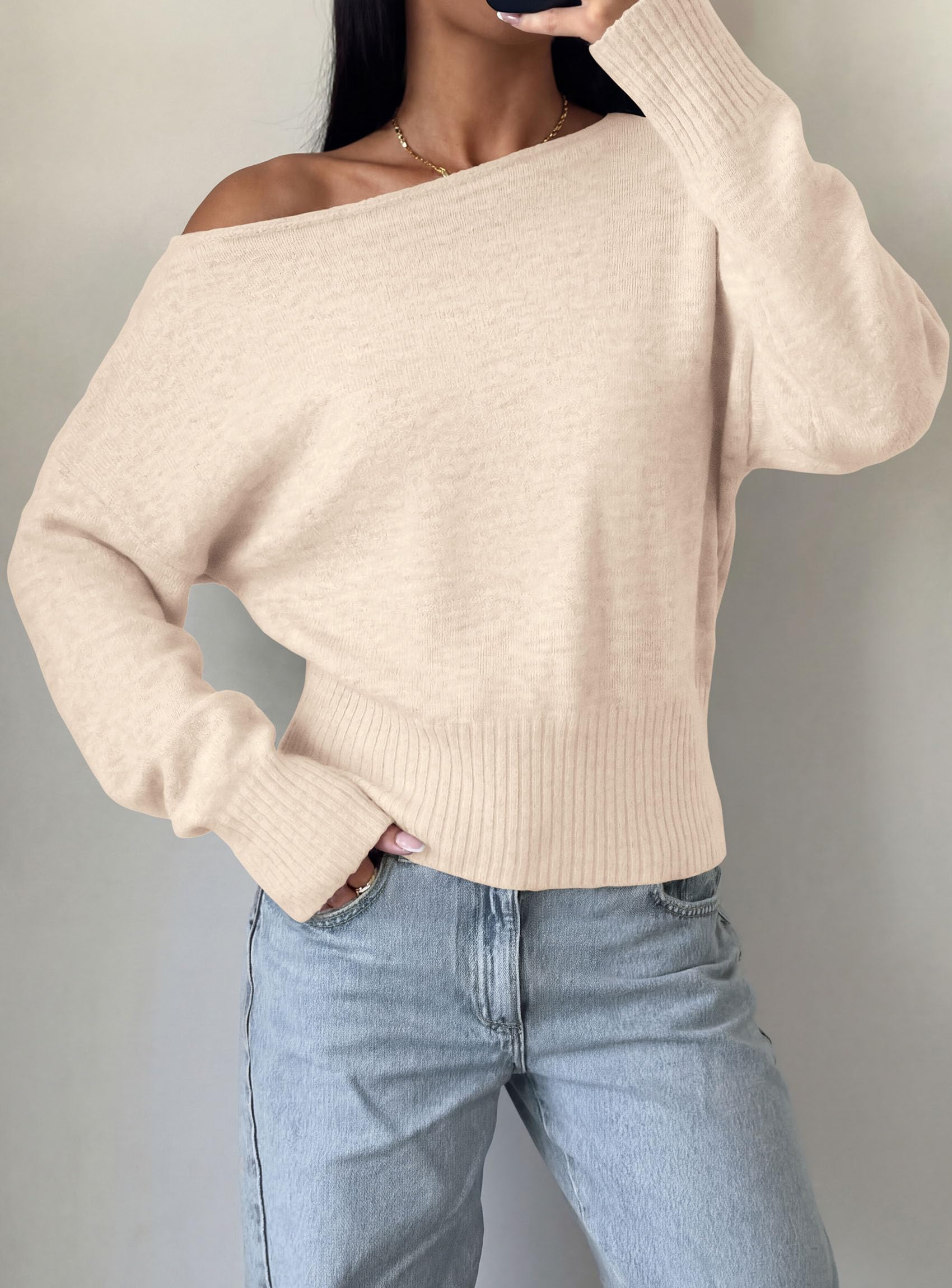Womens Off The Shoulder Sweater Fall Fashion,Beige,S
