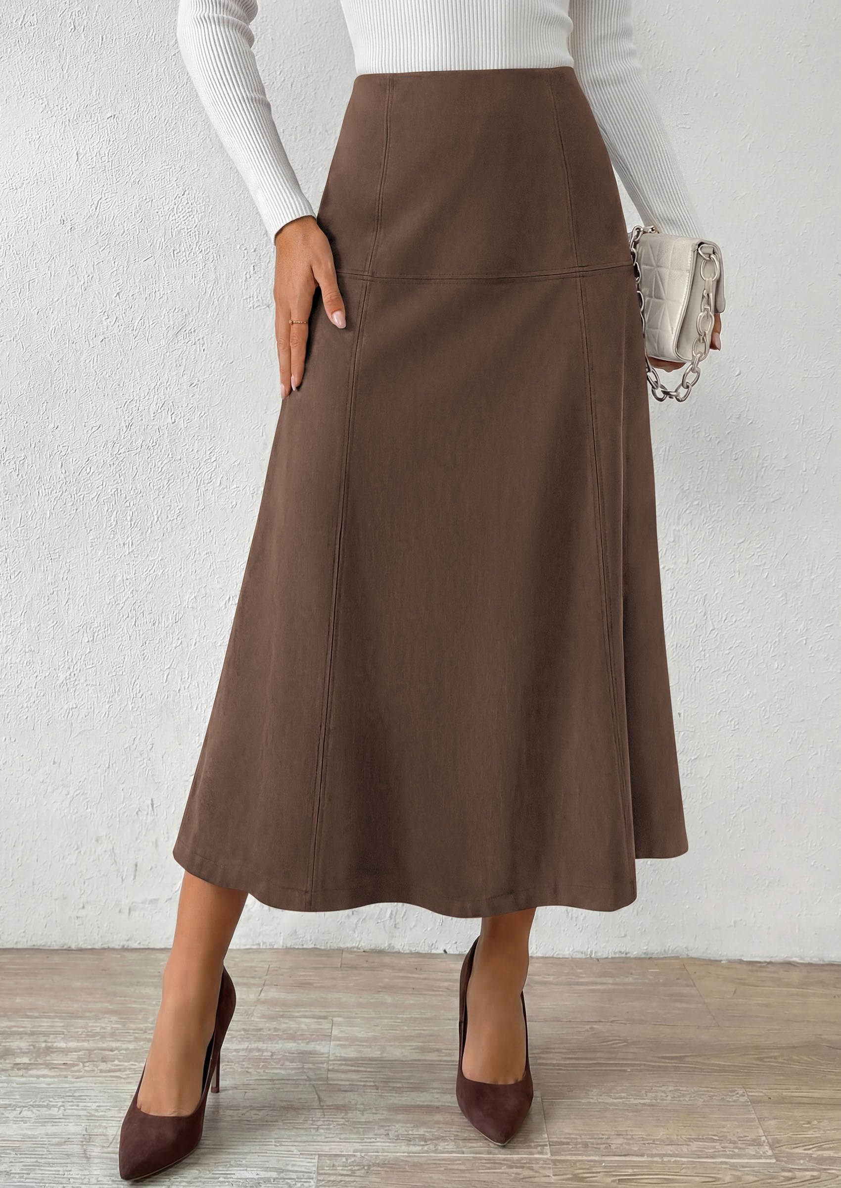 Womens High Waist Faux Suede A Line Midi Skirt,Dark Brown,XL