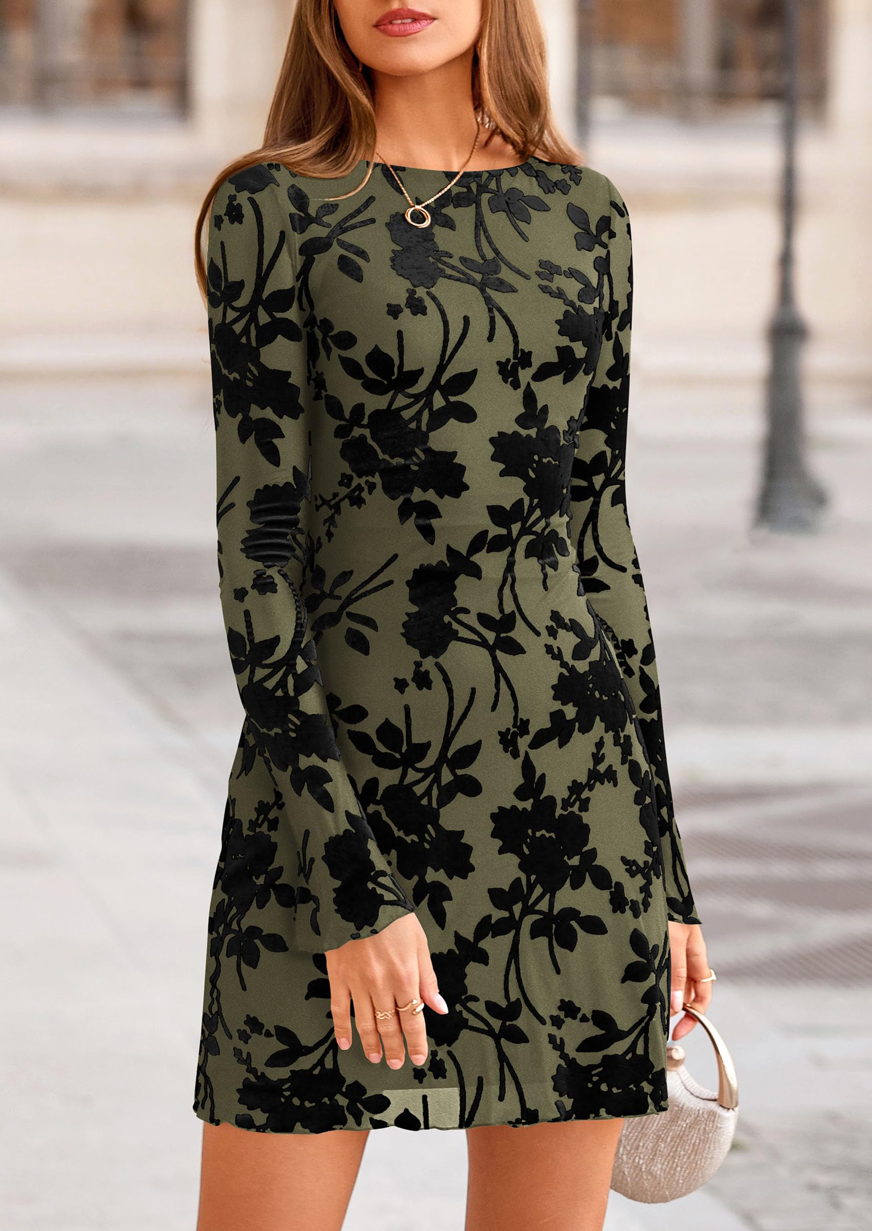 Women's Fall Floral Long Sleeve Mini Dress (Army Green,XS)