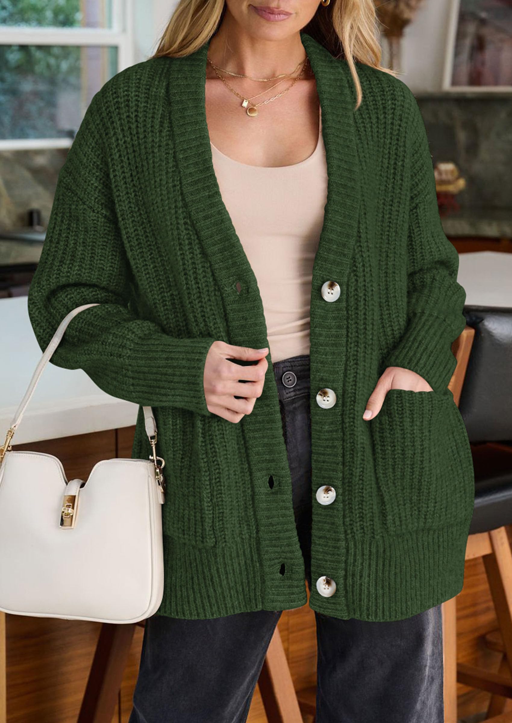 Oversized Cardigan Sweaters for Women Button Up,Army Green,S