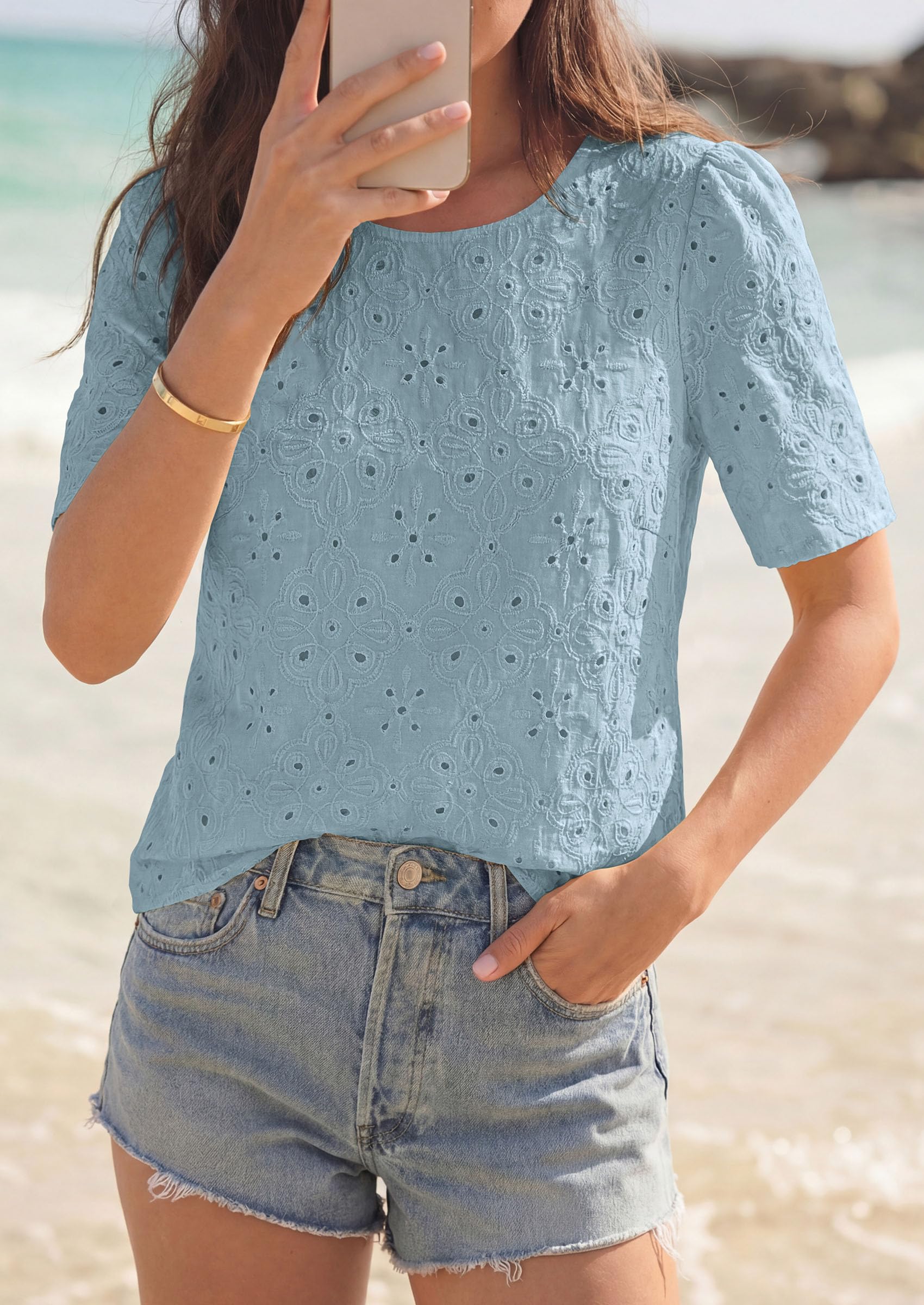 Women's Embroidered Eyelet Short Sleeve Blouse, Dusty Blue,XS