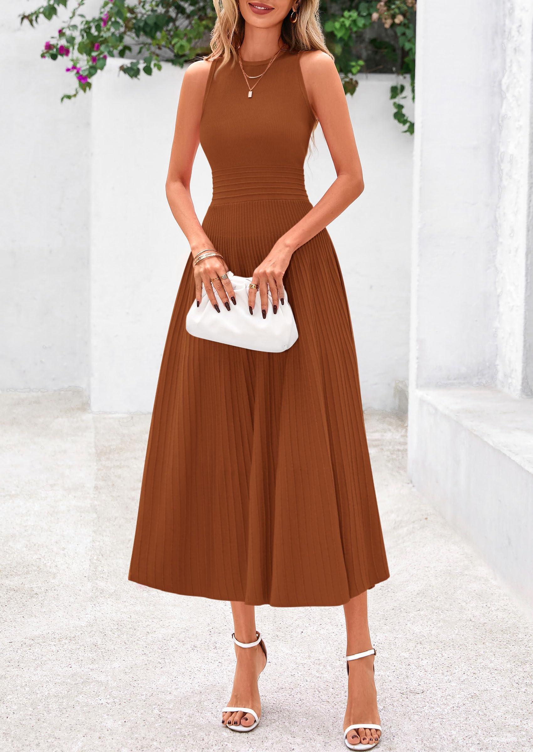 Women's Summer Pleated Midi Work Dress,Caramel,S