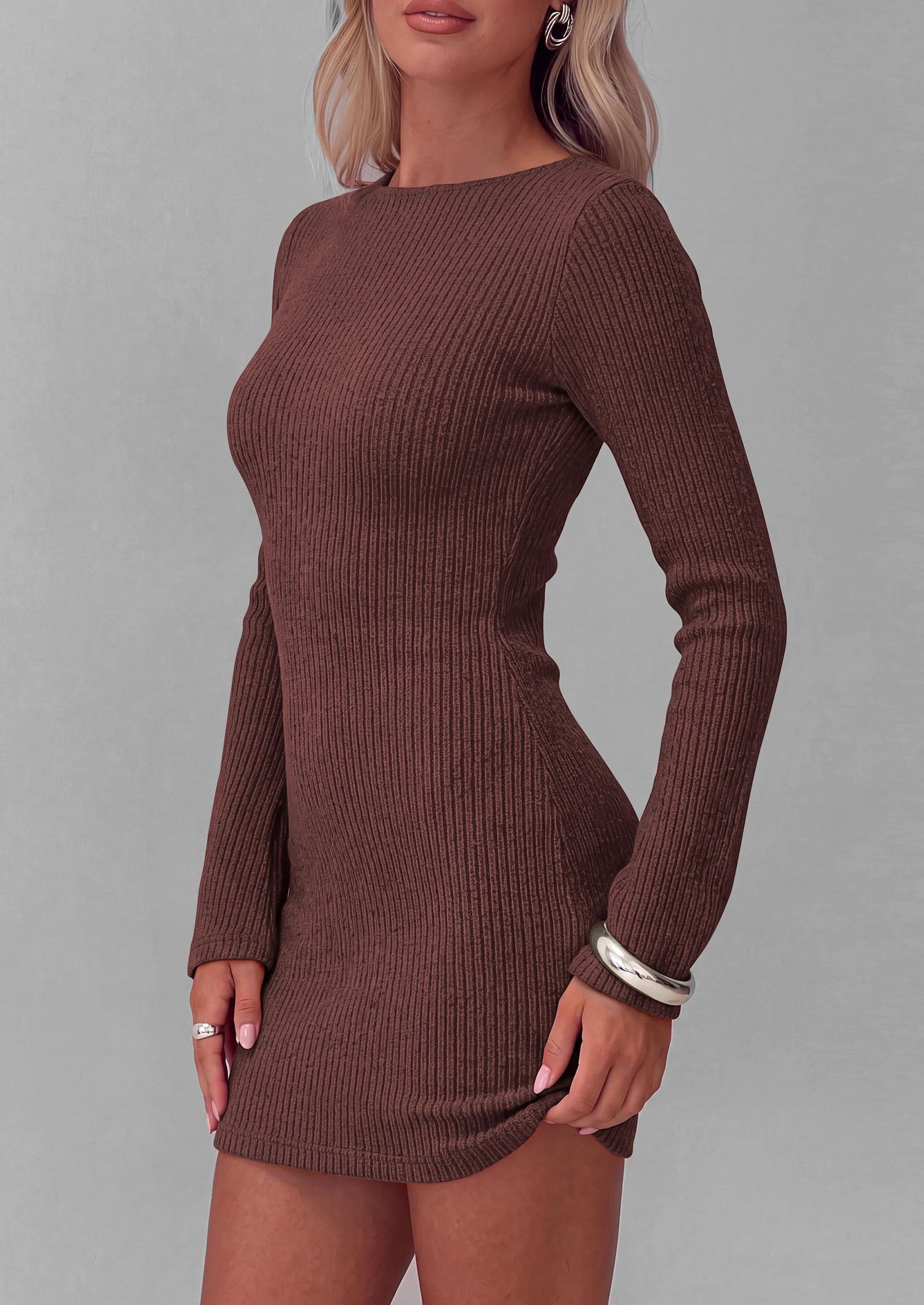 Womens Boat Neck Bell Long Sleeve Mini Sweater Dress Brown