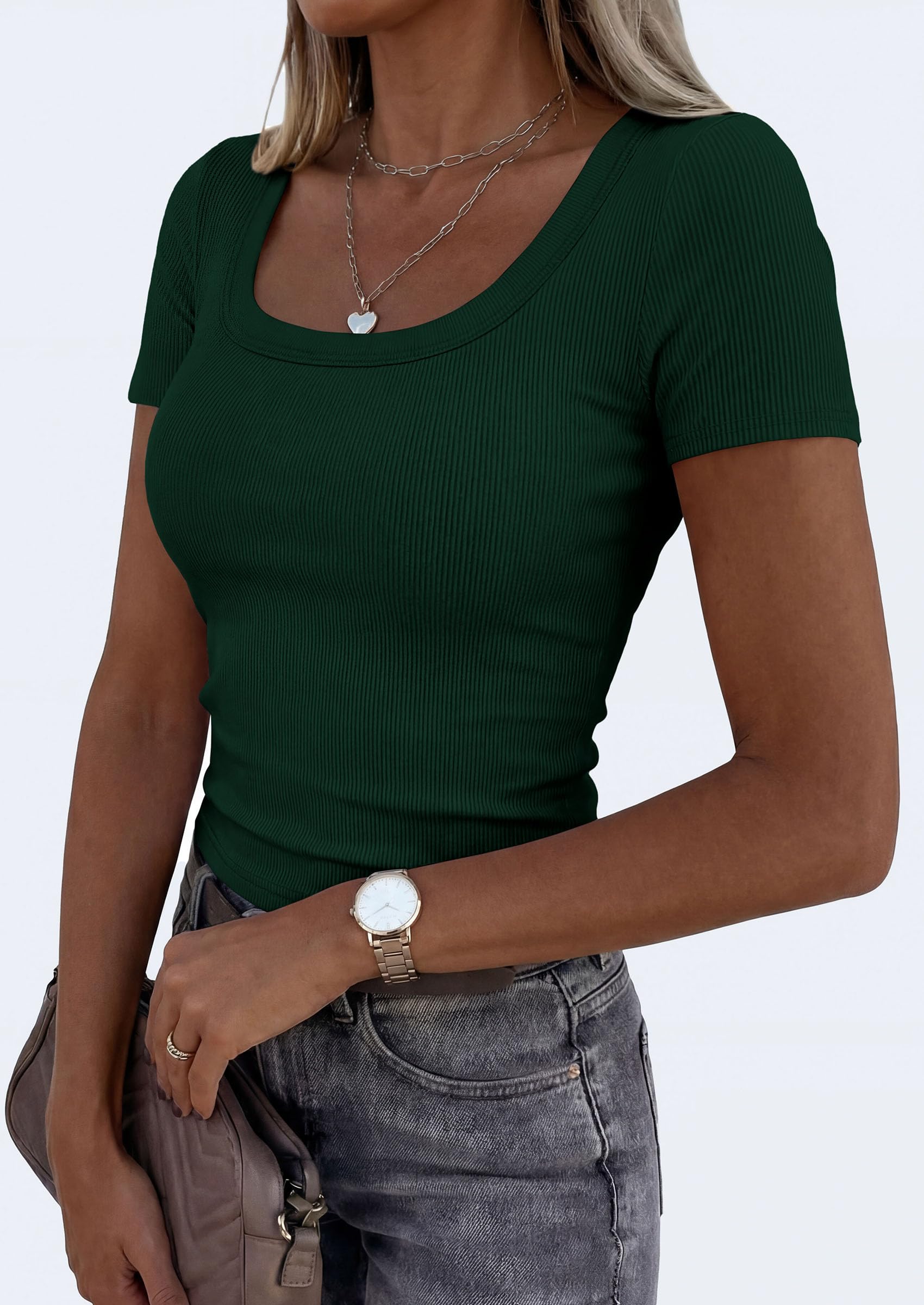 Womens Summer Short Sleeve Scoop Neck Tops,Dark Green,S