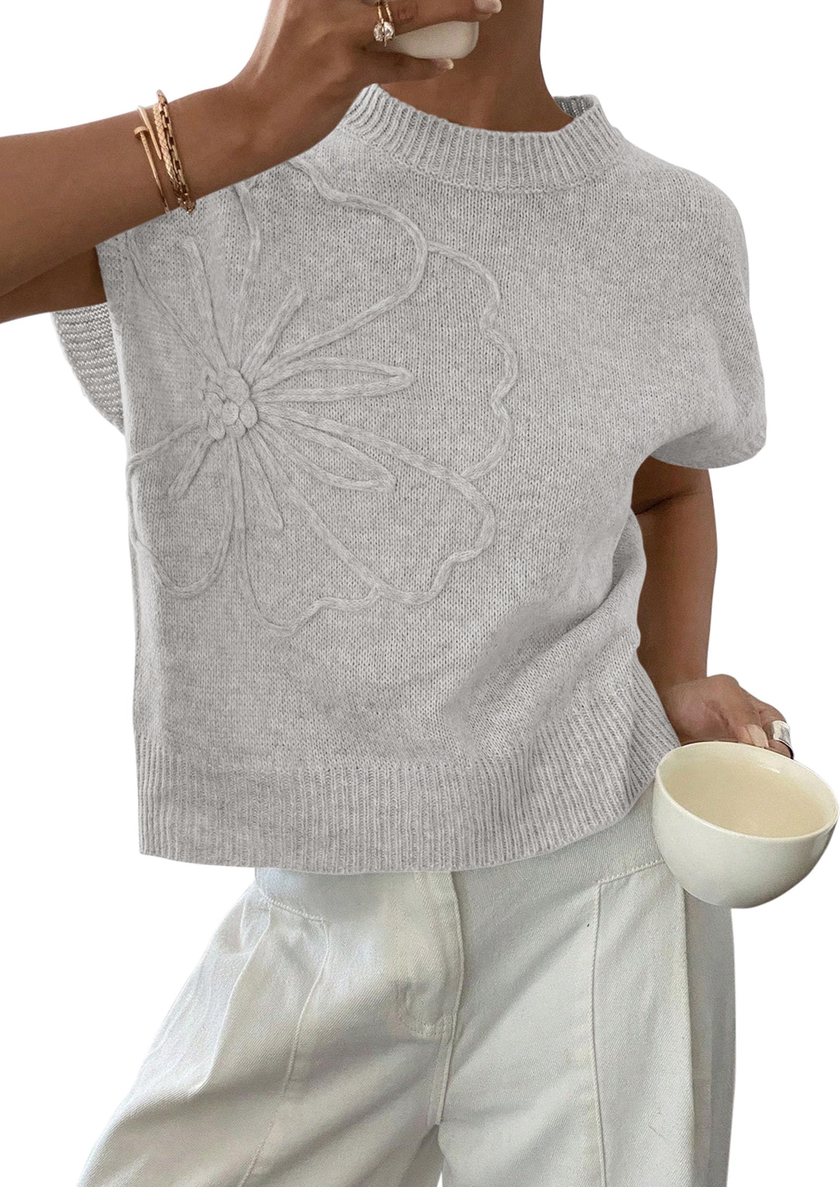Women's Summer Short Cap Sleeve Sweater Vest (Light Grey,S)