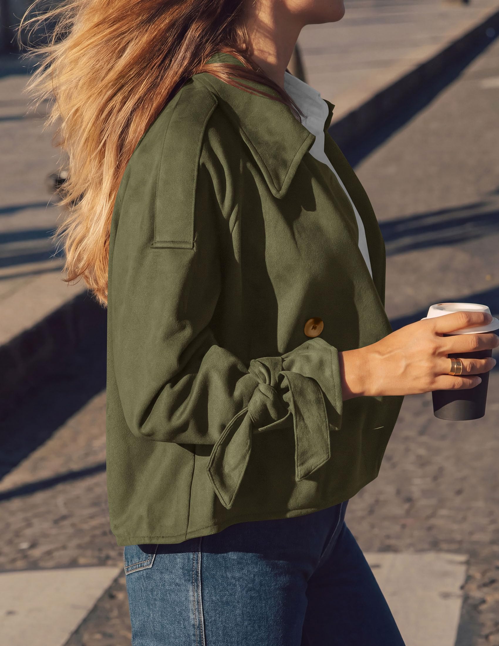Women Faux Suede Double Breasted Trench Coat Cropped Jackets
