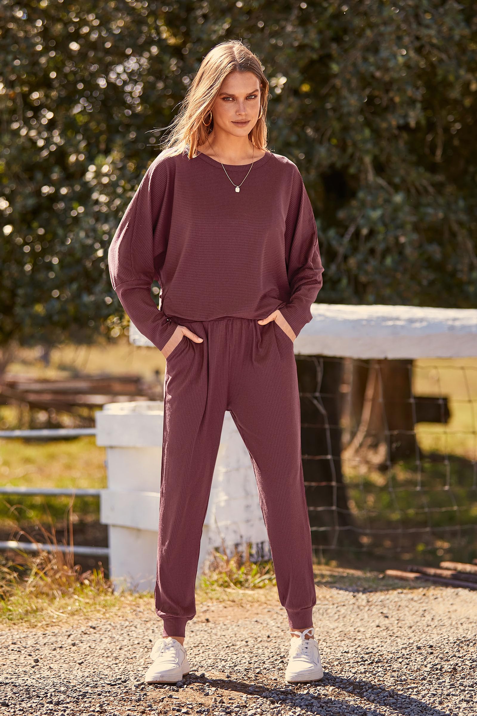 Women's 2 Piece Outfit Matching Lounge Set, Wine Red,S