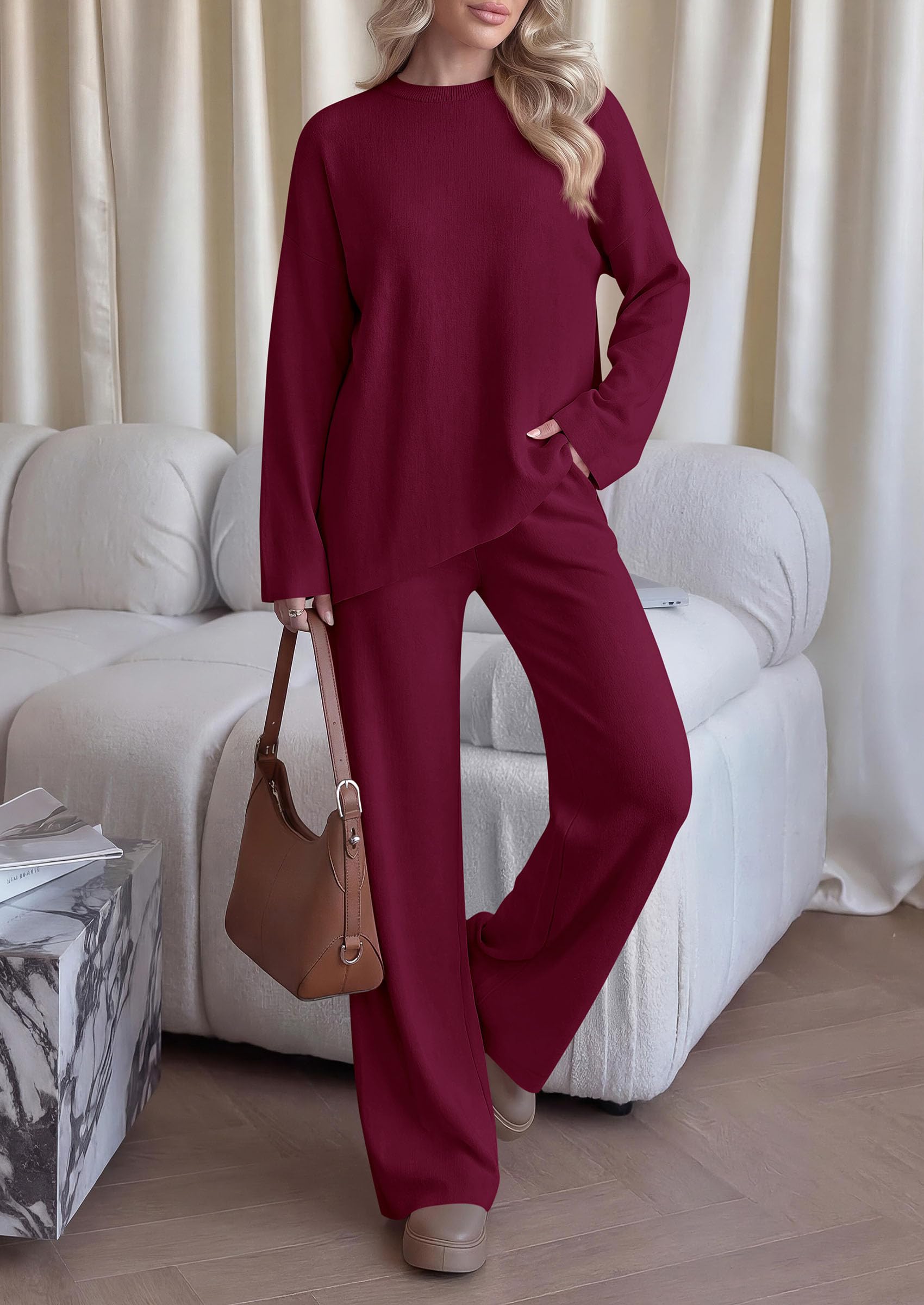 Womens Fall 2 Piece Asymmetric Cozy Sweater Travel Lounge Sets