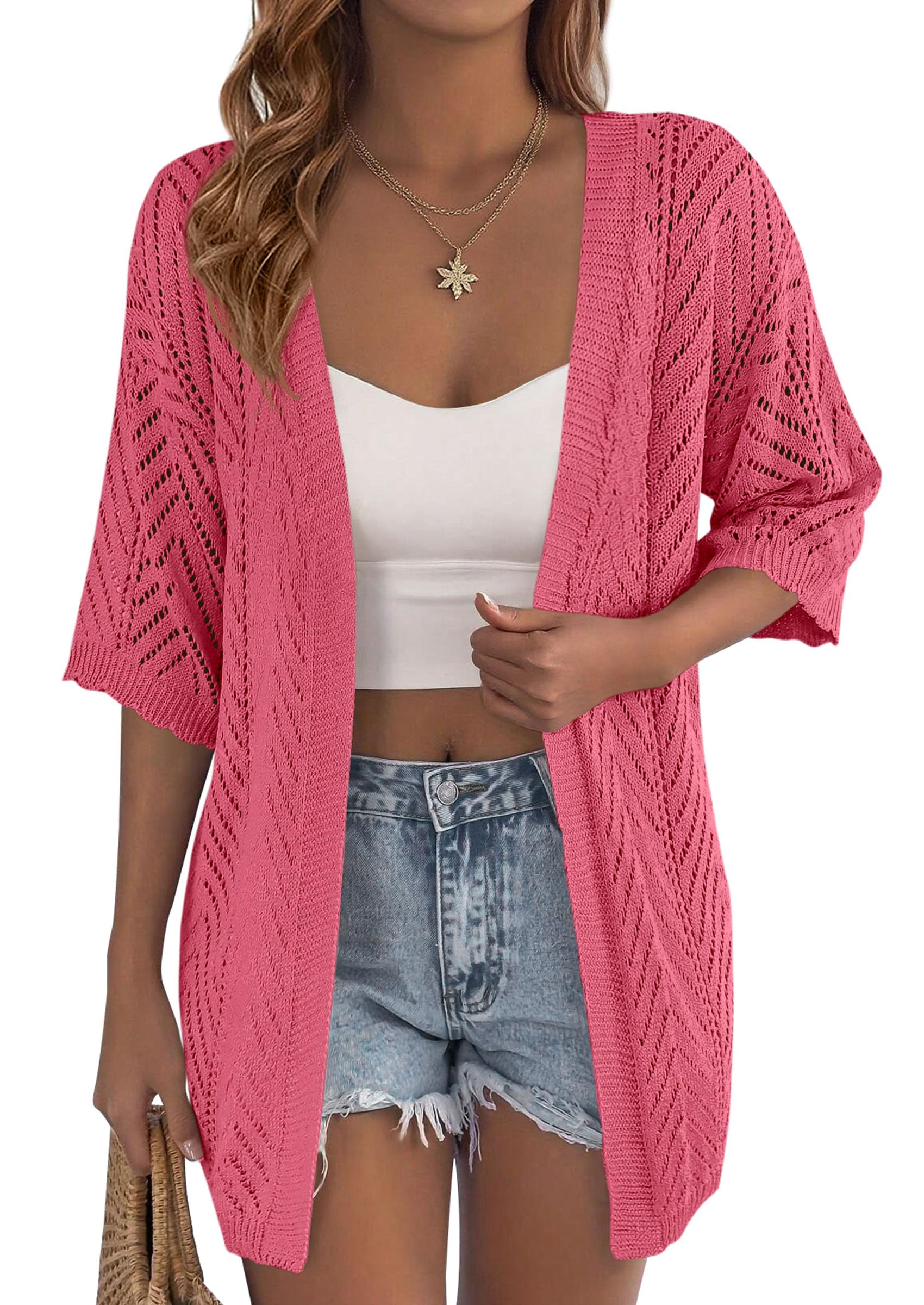 Women Lightweight Short Sleeve Cardigan, Watermelon Red,S
