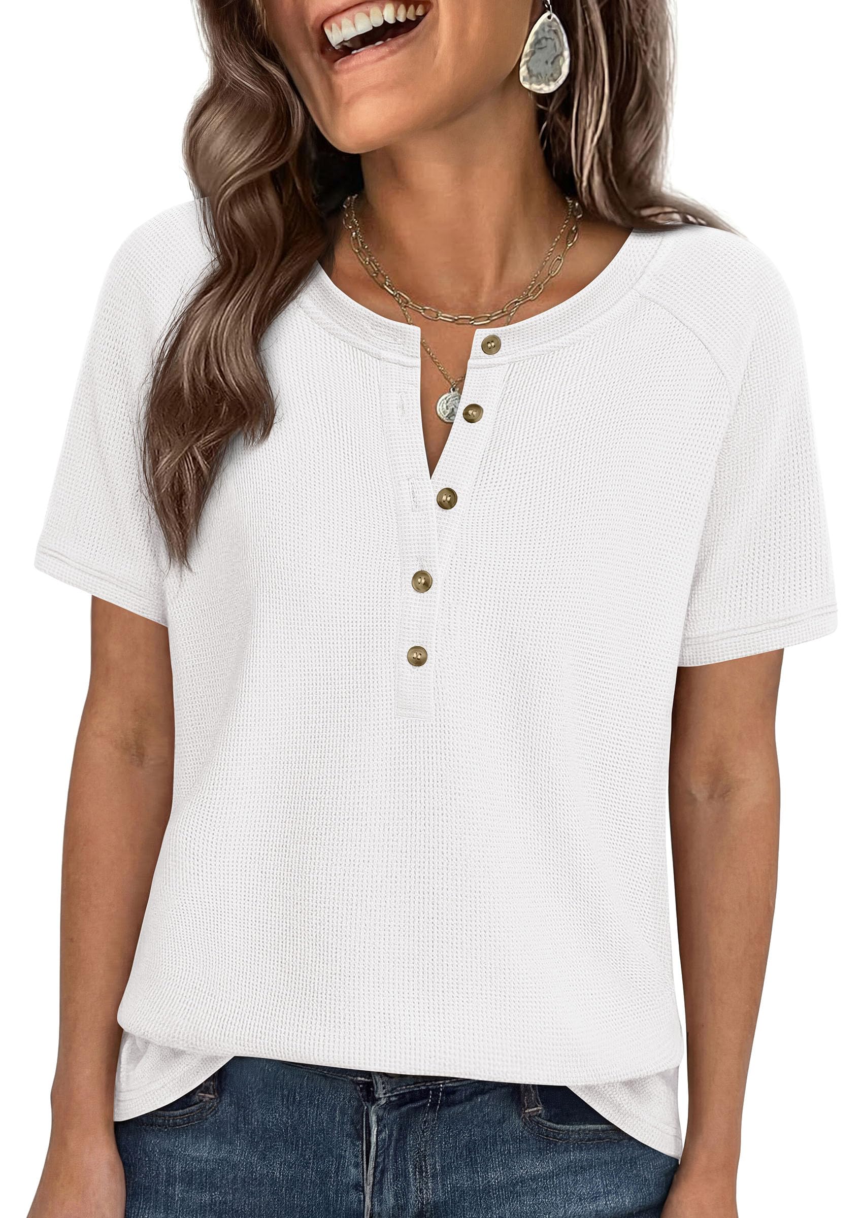 Women's Short Sleeve Waffle Knit Henley Shirts, White,S
