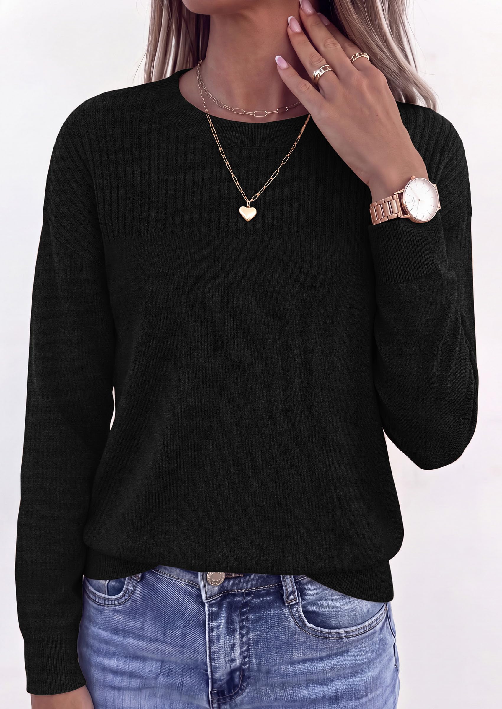 Sweaters for Women Fall Crewneck Knit Cropped Sweater Black