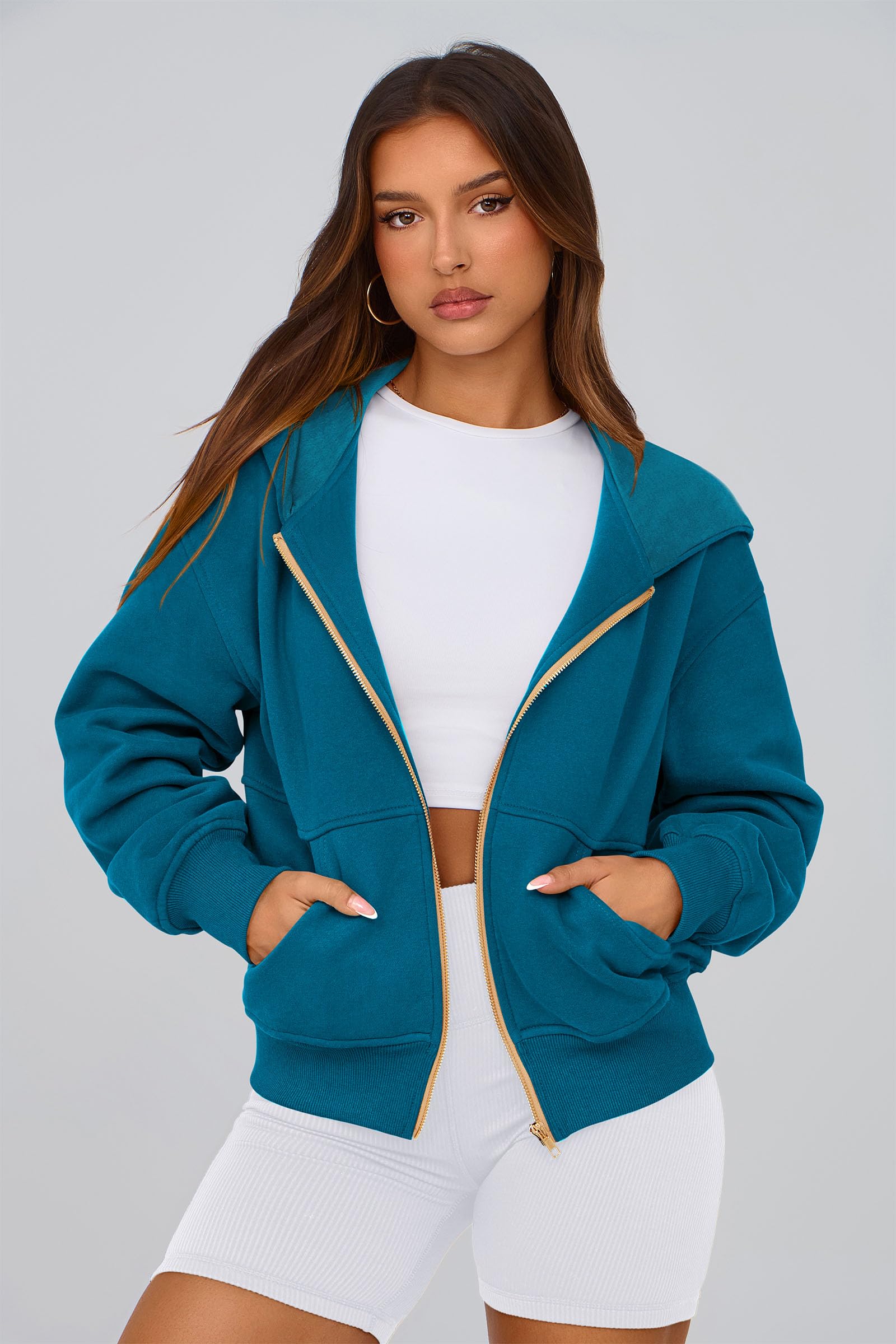 Hoodies for Women Fall Fashion Zip Up Fleece Plain Sweatshirt