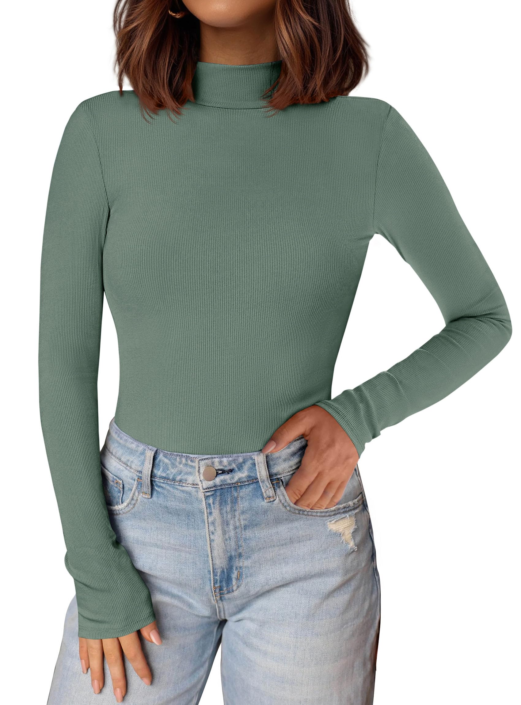 Womens Mock Turtleneck Fall Long Sleeve Shirts,Grey Green,XS