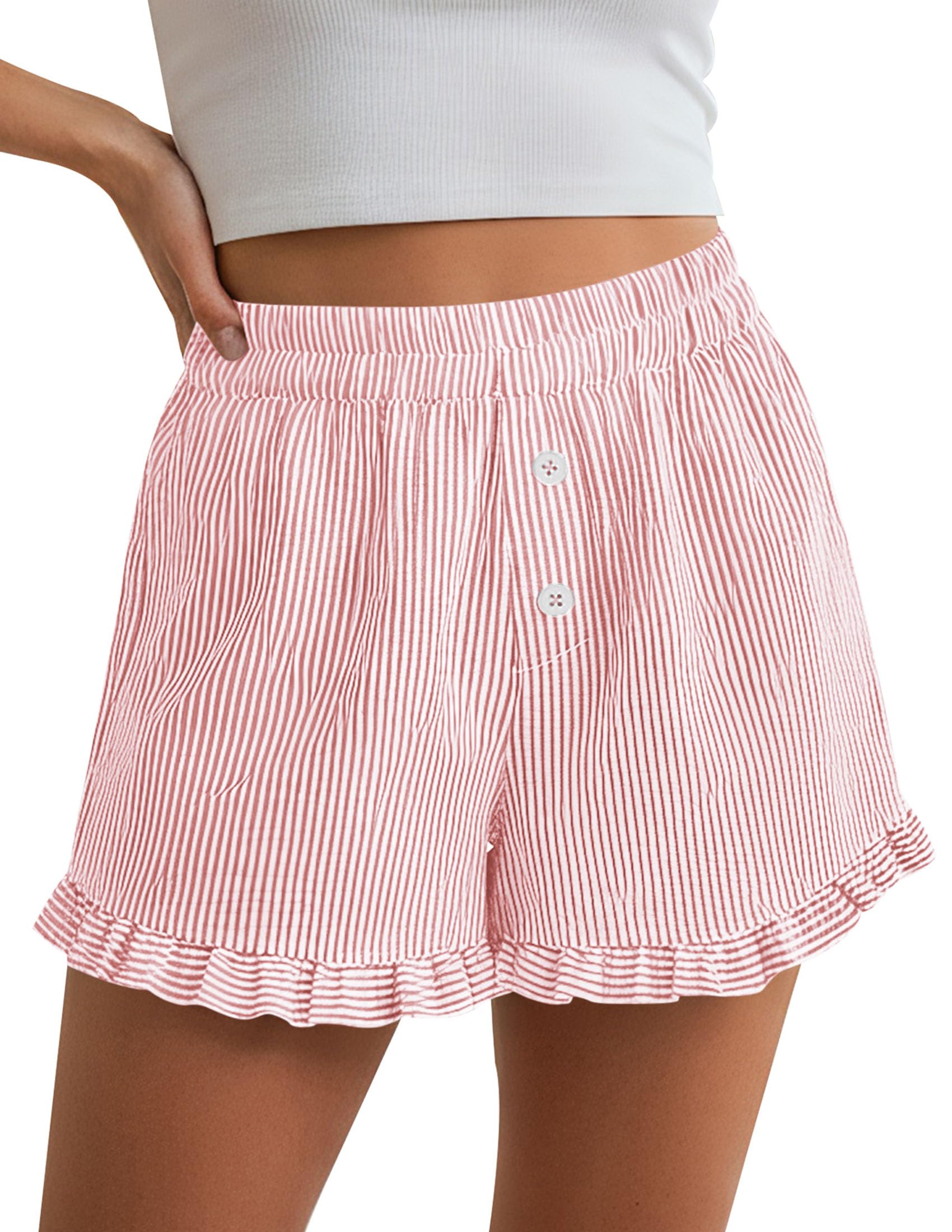 Womens Boxer Shorts Striped Gingham Ruffle Pajama Bottoms
