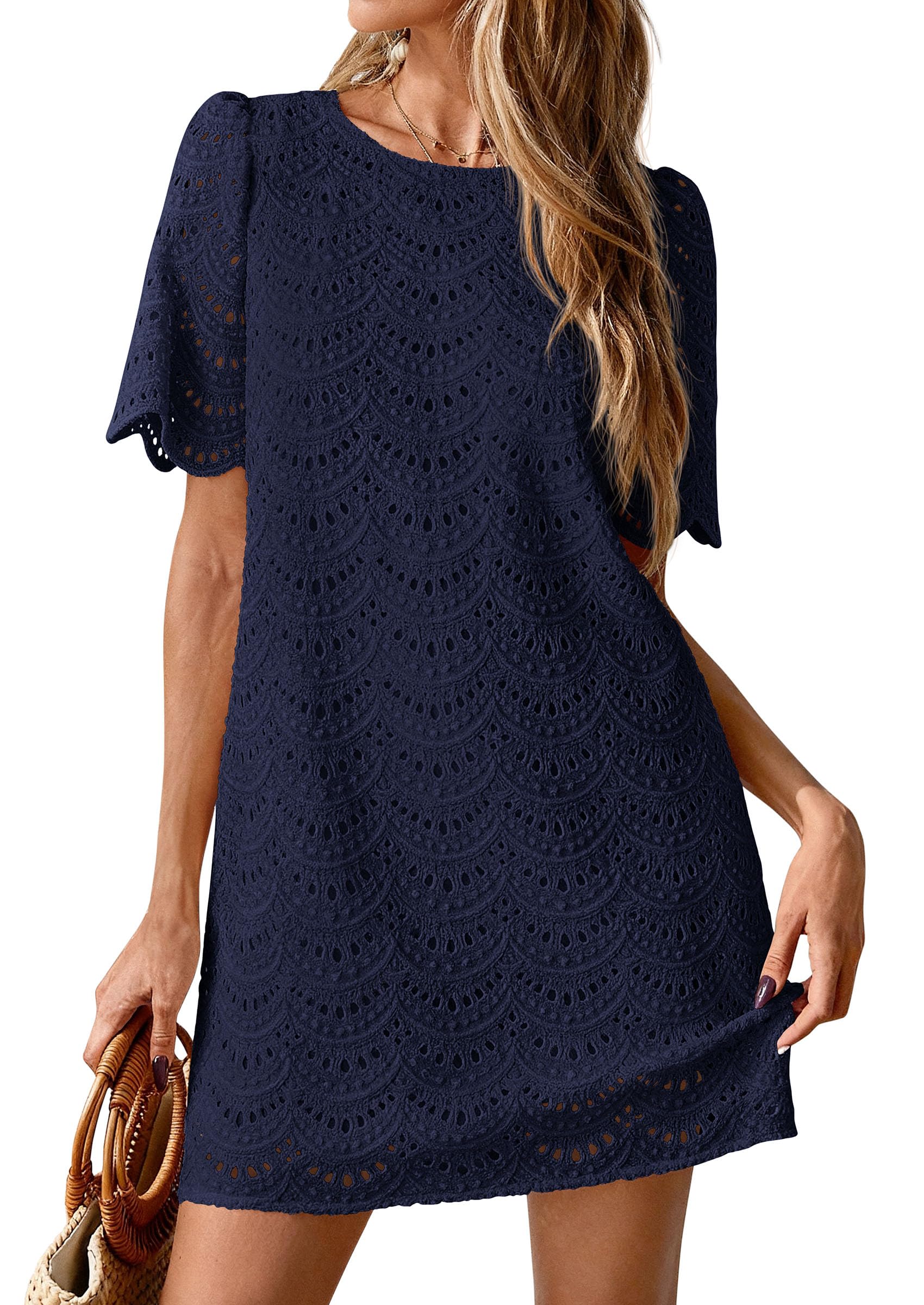 Women's Summer Eyelet Lace Short Dress (Navy Blue,S)