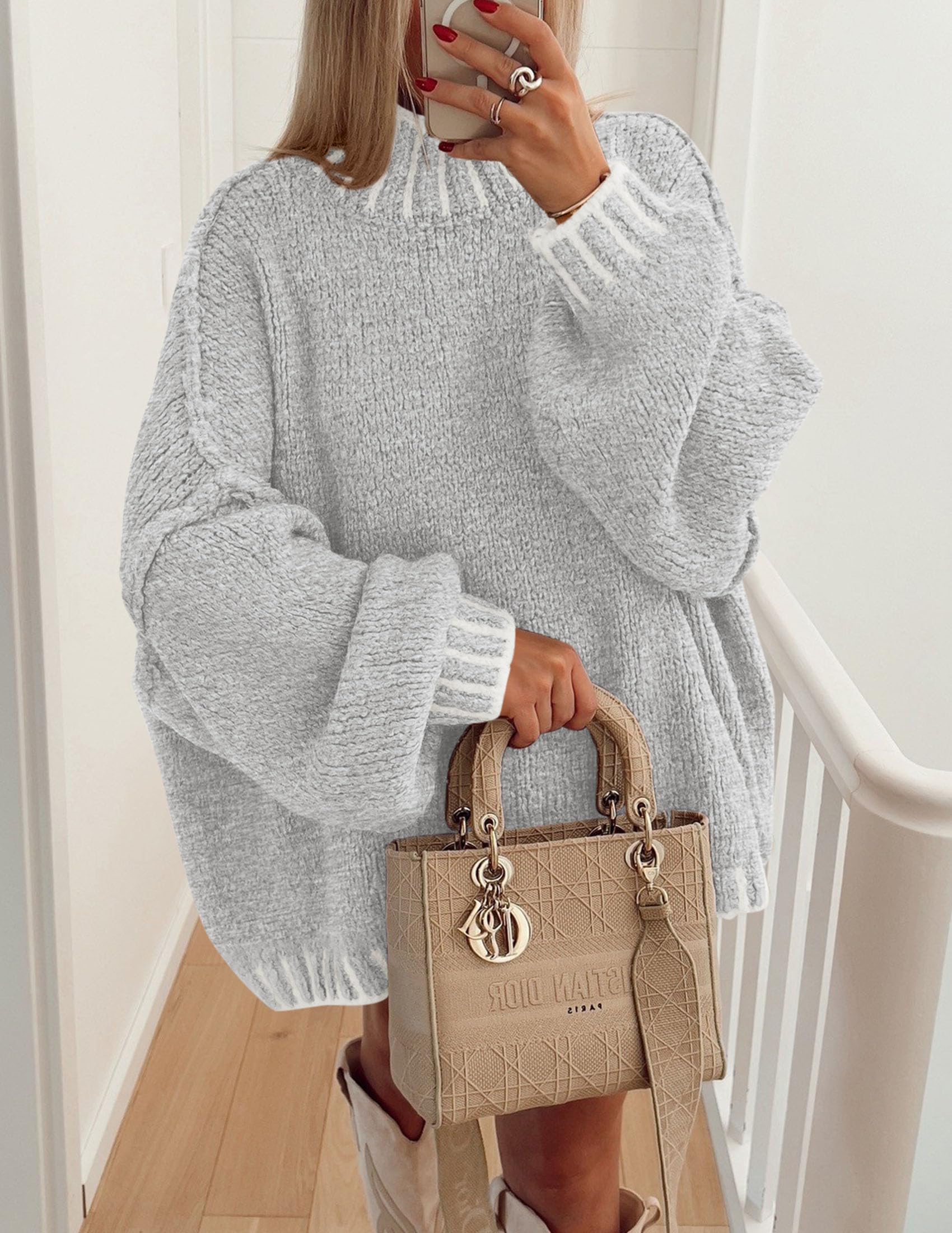 Women's Mock Neck Oversized Pullover Sweaters,Light Grey,XS