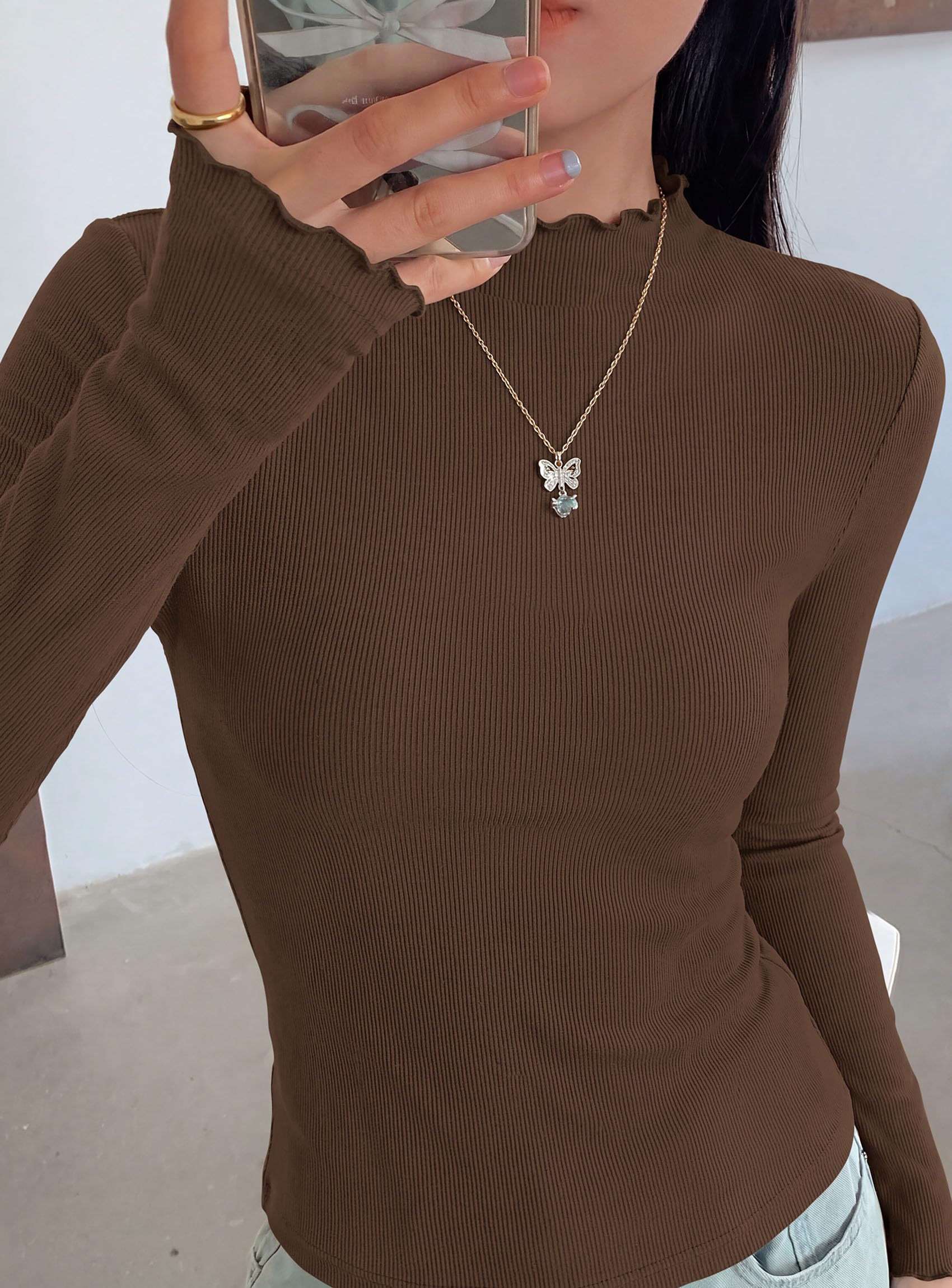 Women's Long Sleeve T Shirts Lettuce Trim Mock Neck Tops