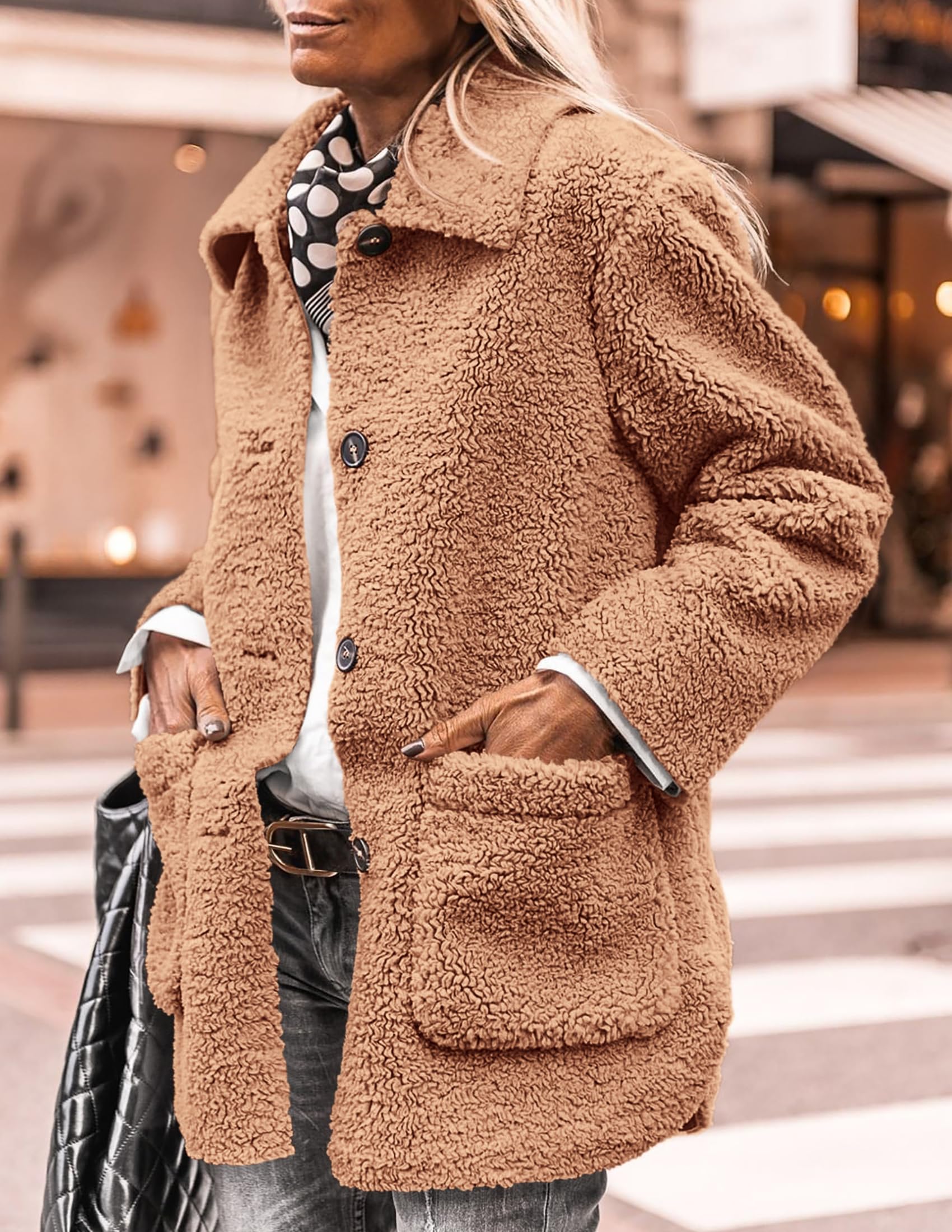 Women's Fleece Sherpa Coats Winter Outfits Khaki,S