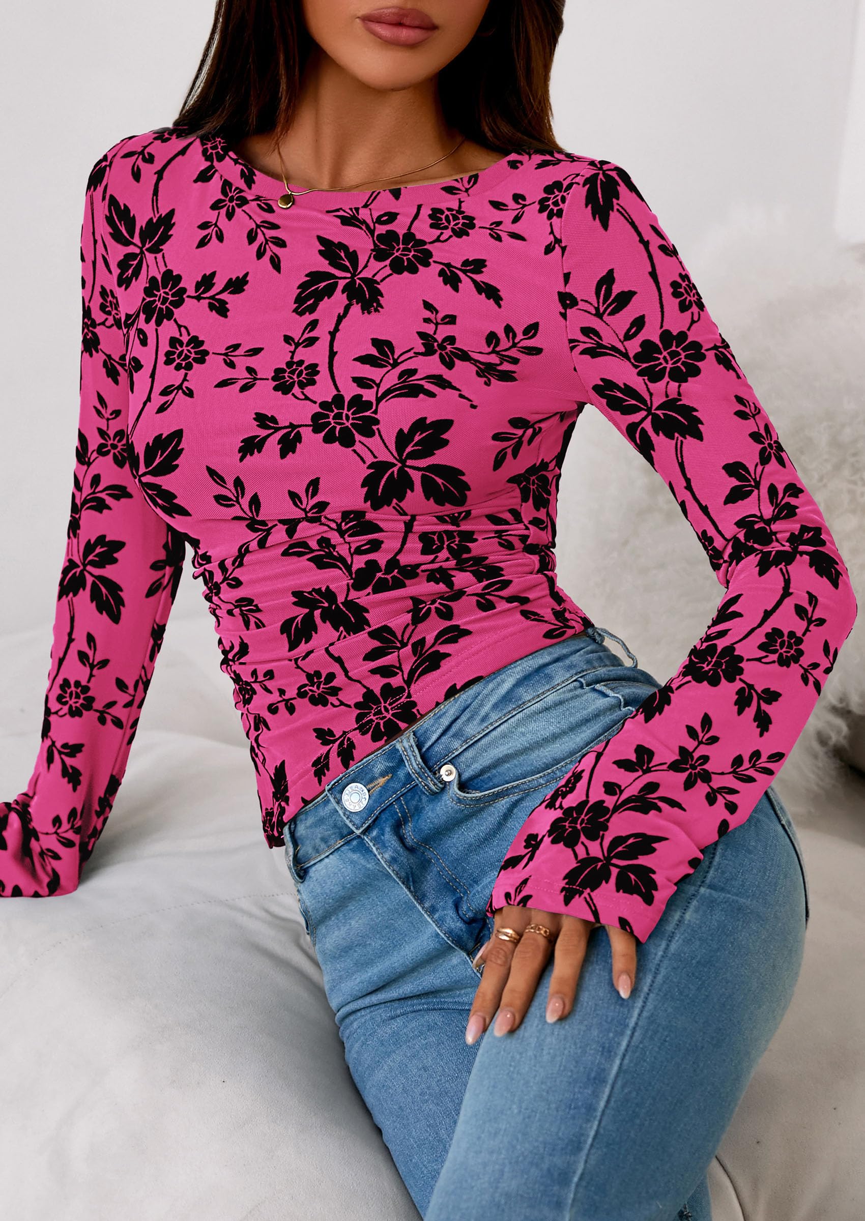 Women's Long Bell Sleeve Y2K Tops Boho Floral Mesh Blouses