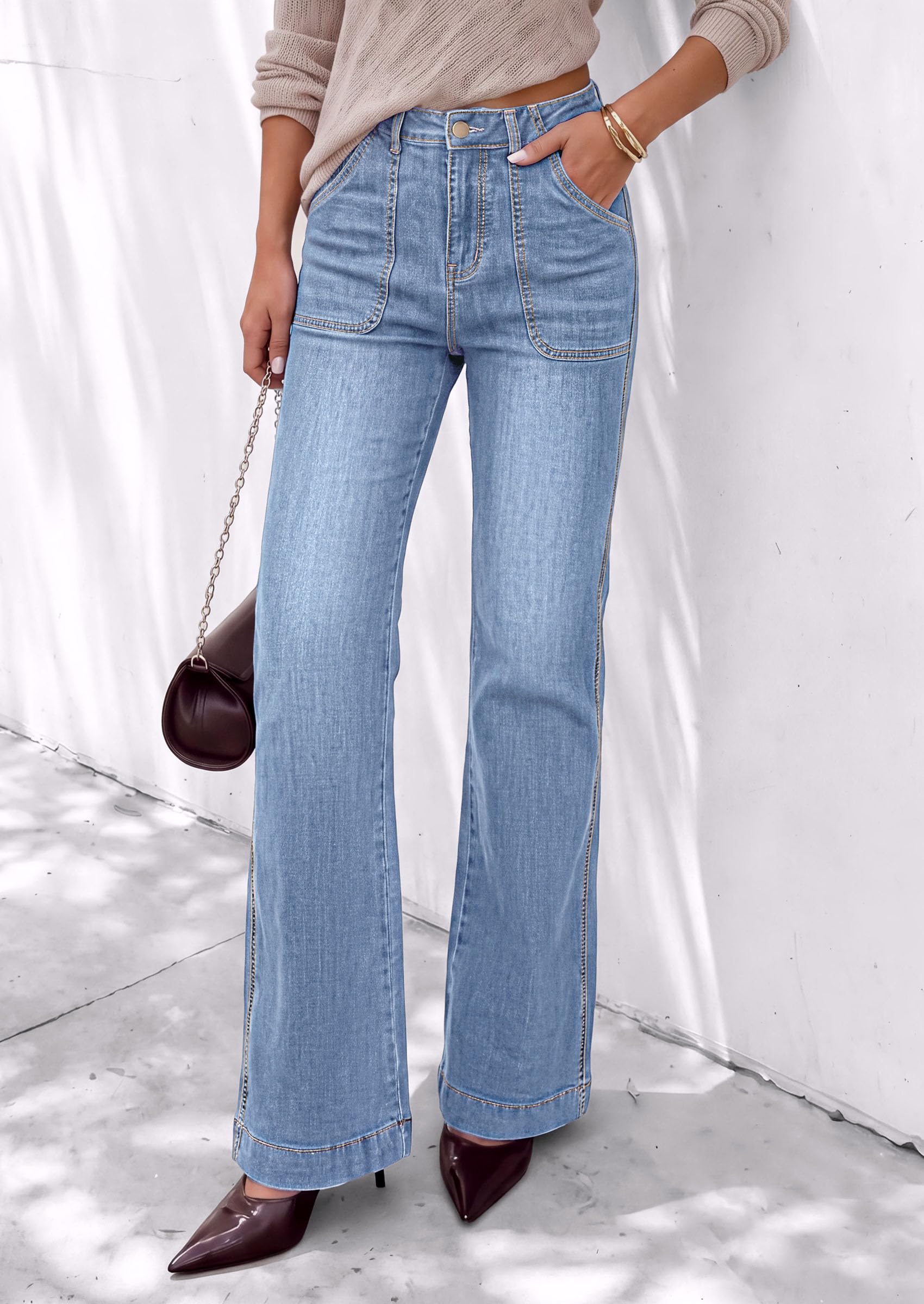 Womens High Waisted Wide Leg Jeans Demin Pants Light Blue