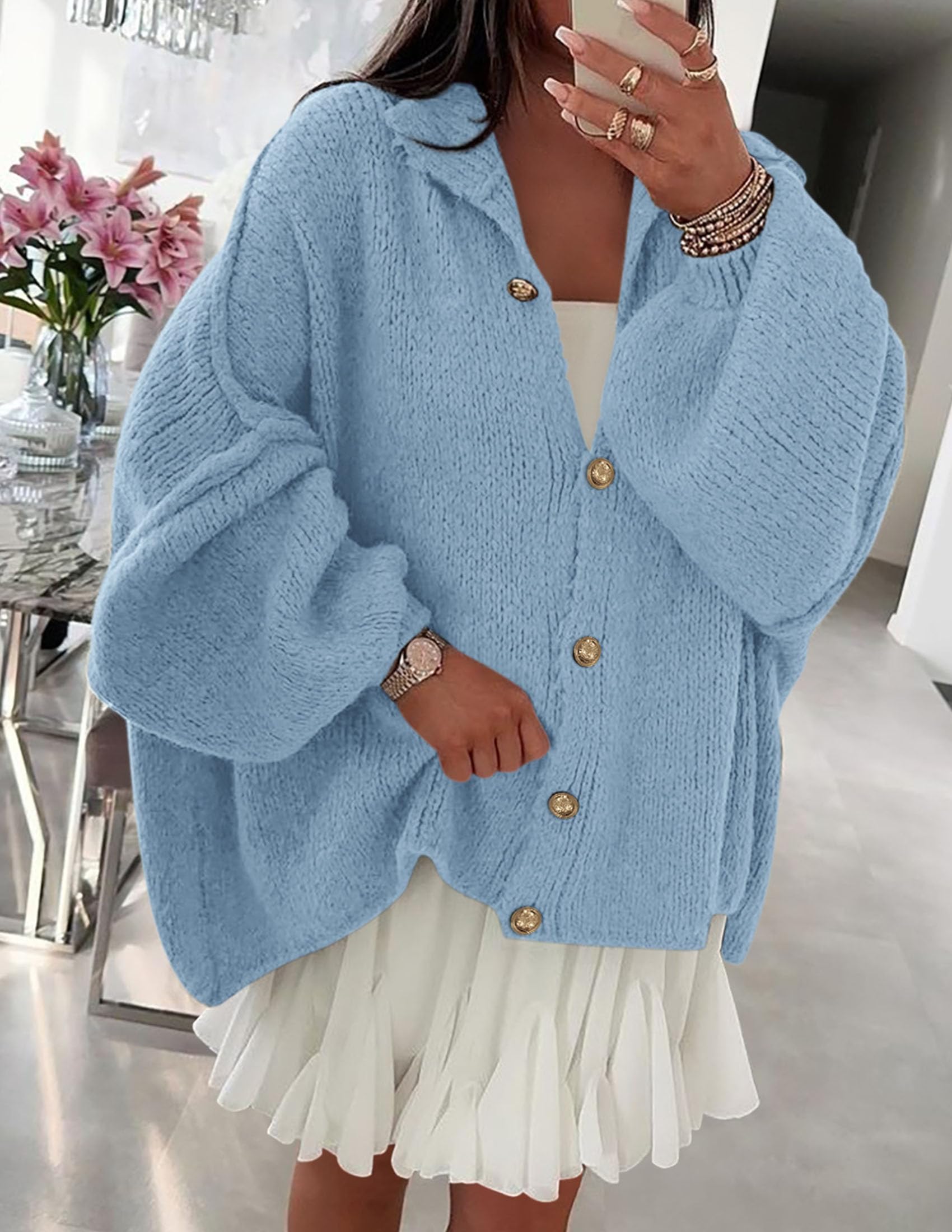 Women's Oversized Chunky Cardigan Sweaters(Light Blue,Small)