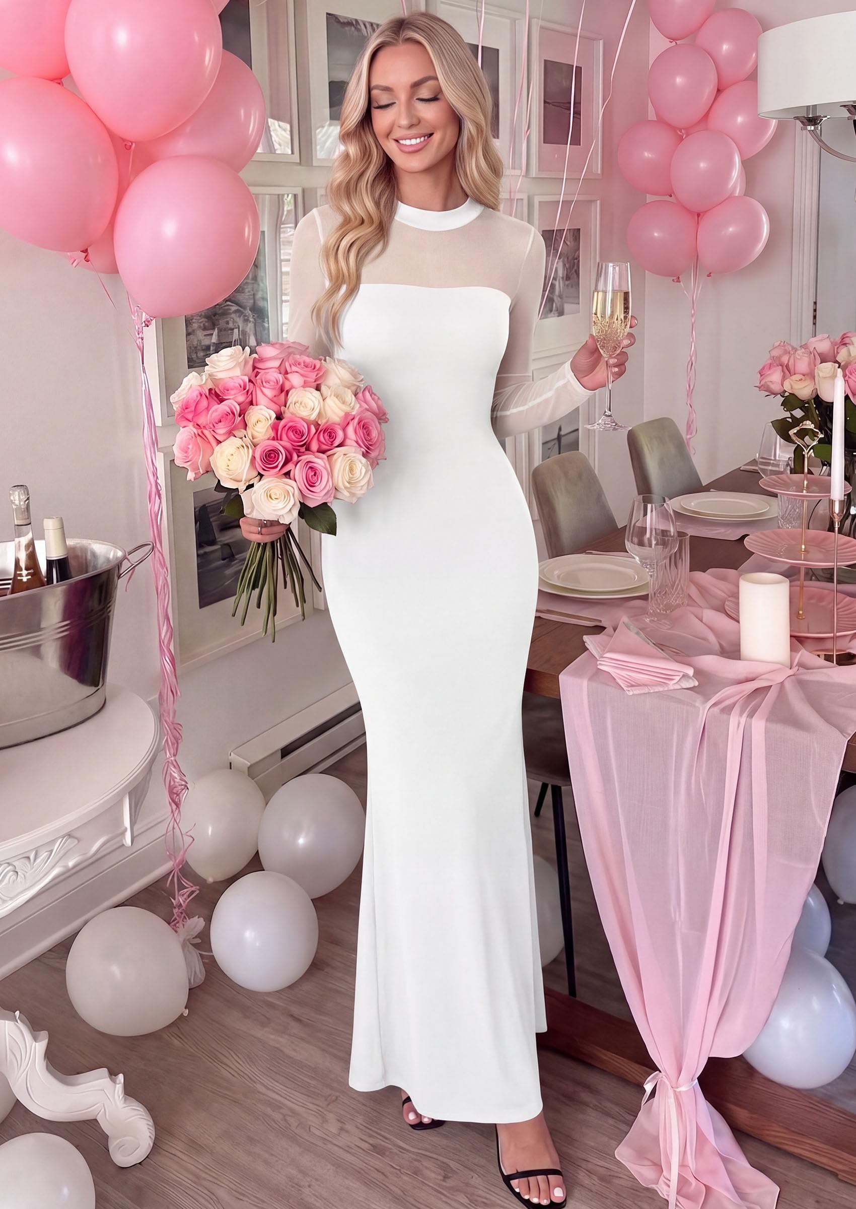 Women's Long Sleeve Formal Mesh Fall Wedding Guest Maxi Dress
