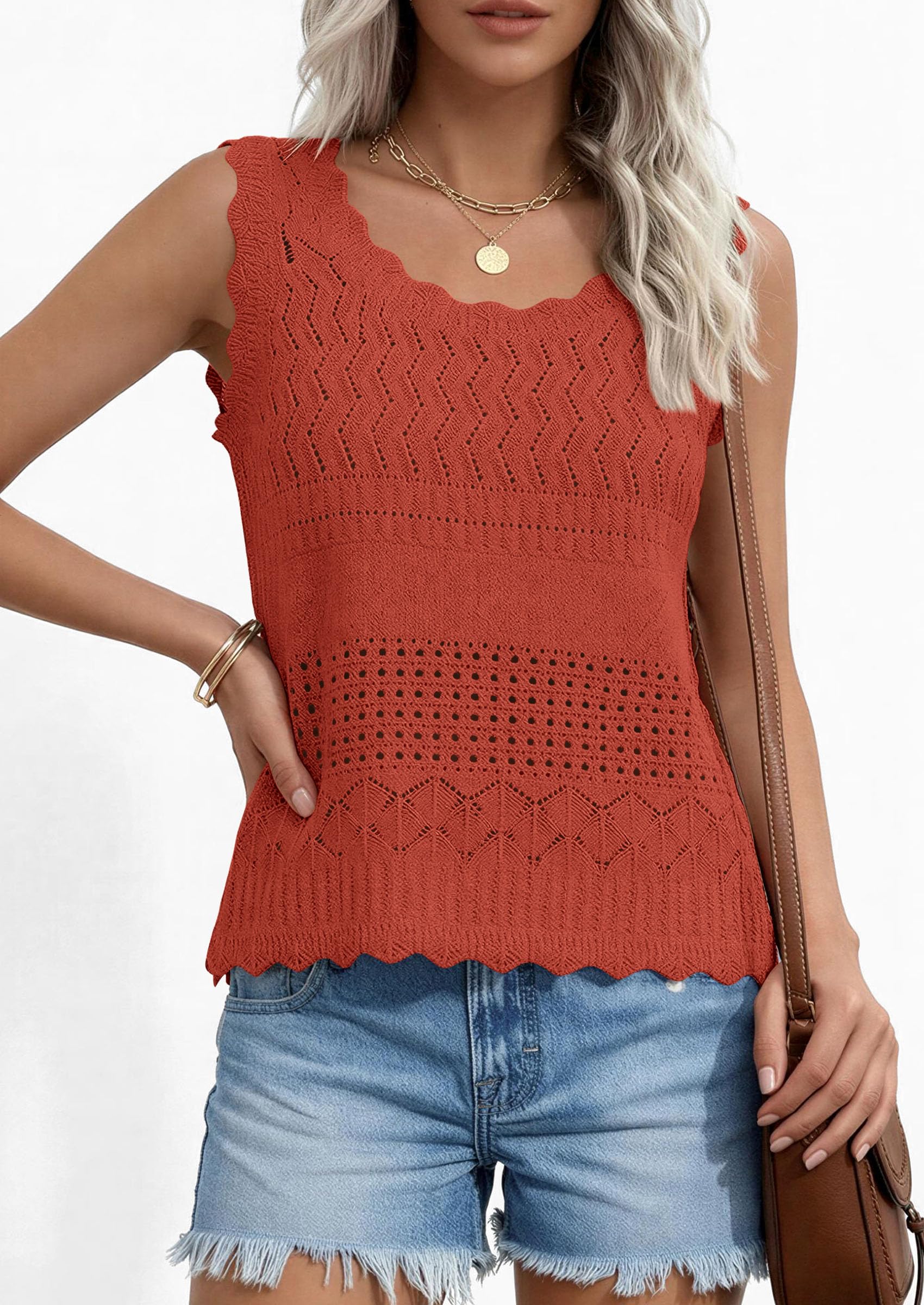 Womens Crochet Tank Tops Knit Sleeveless Vest,Rust Red,S