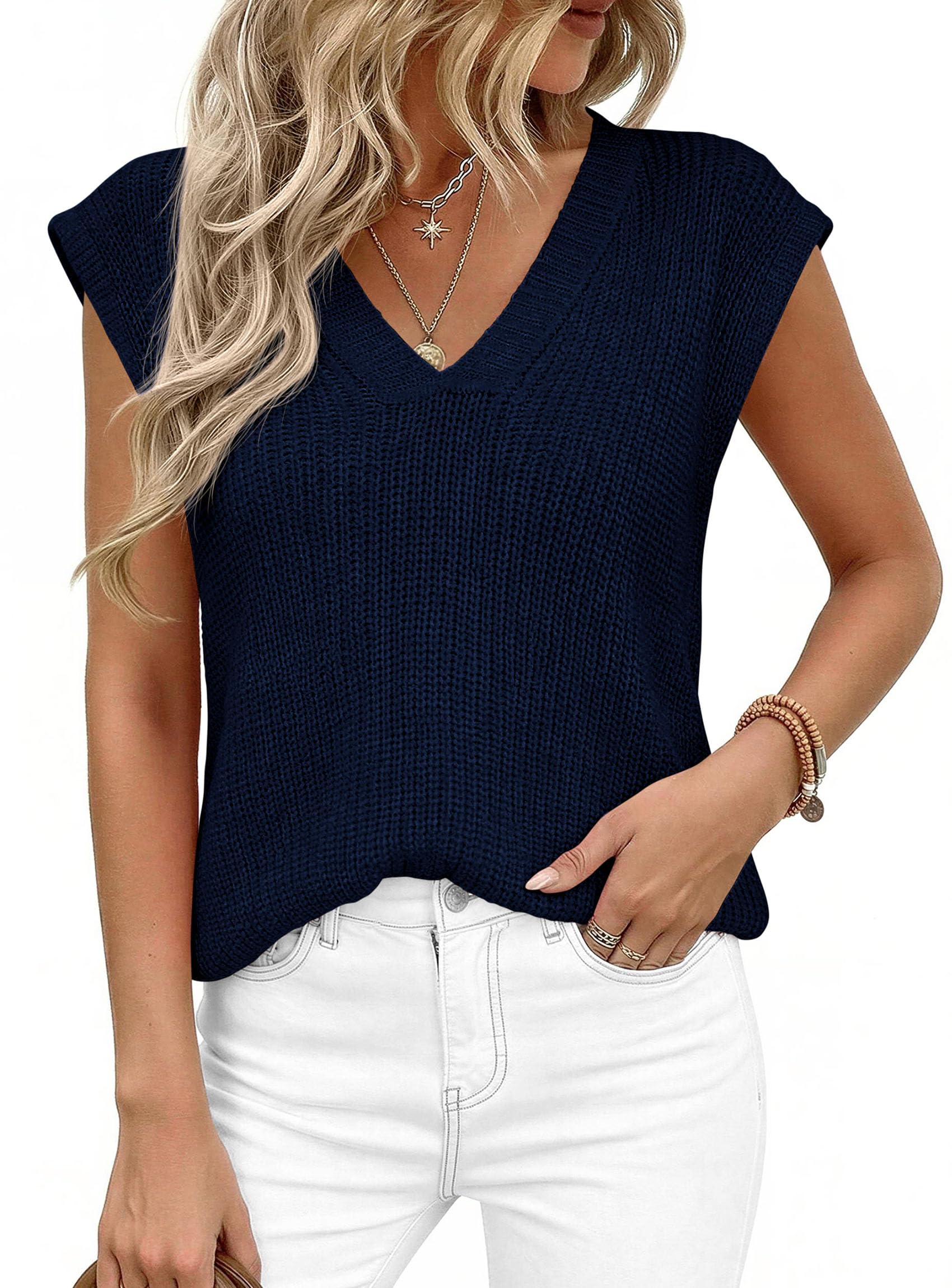 Women's Cap Sleeve Sweaters Vest Summer Tops (Navy Blue,S)