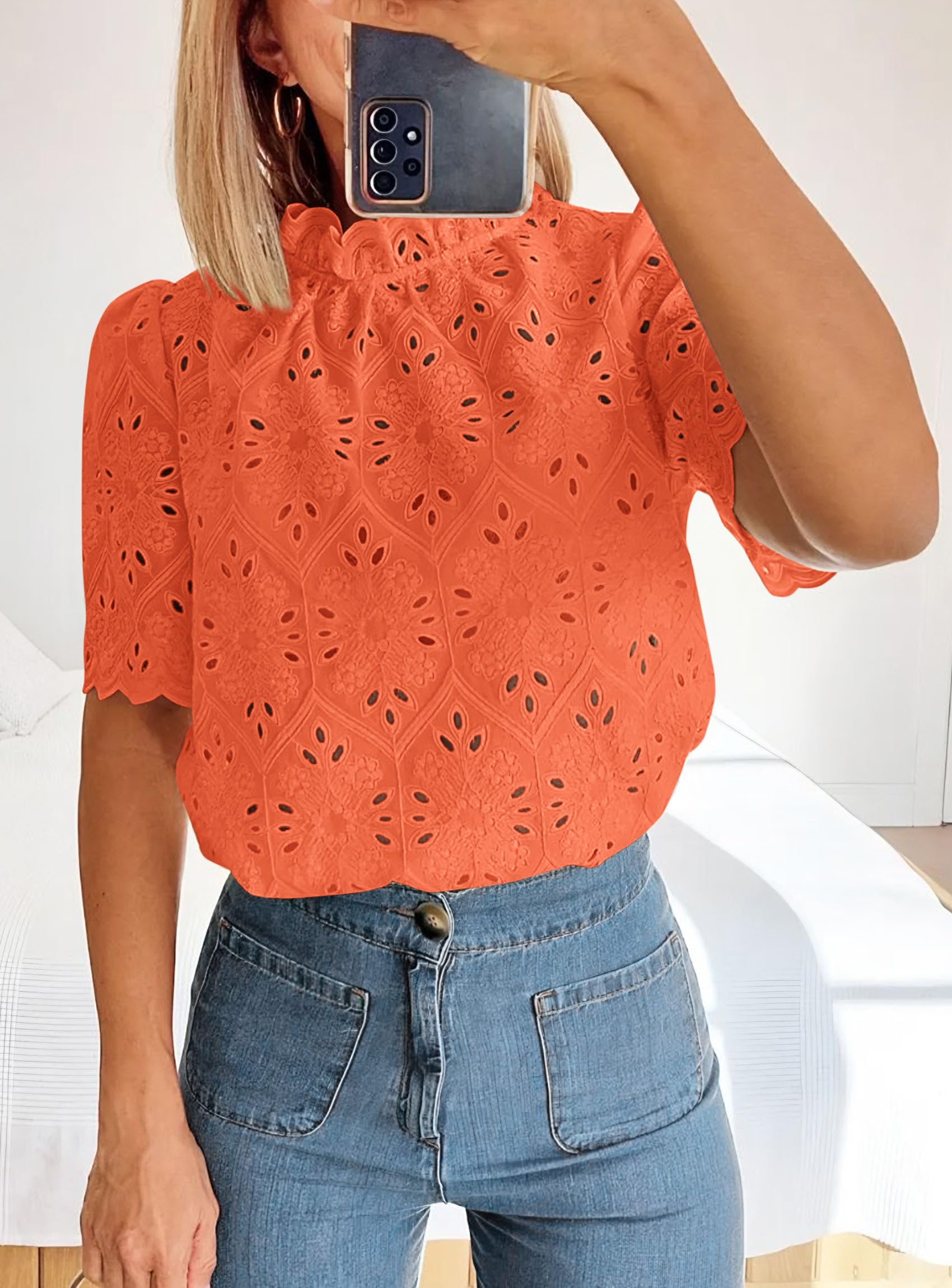 Women Summer Tops Eyelet Embroidered Shirts,Orange,XS
