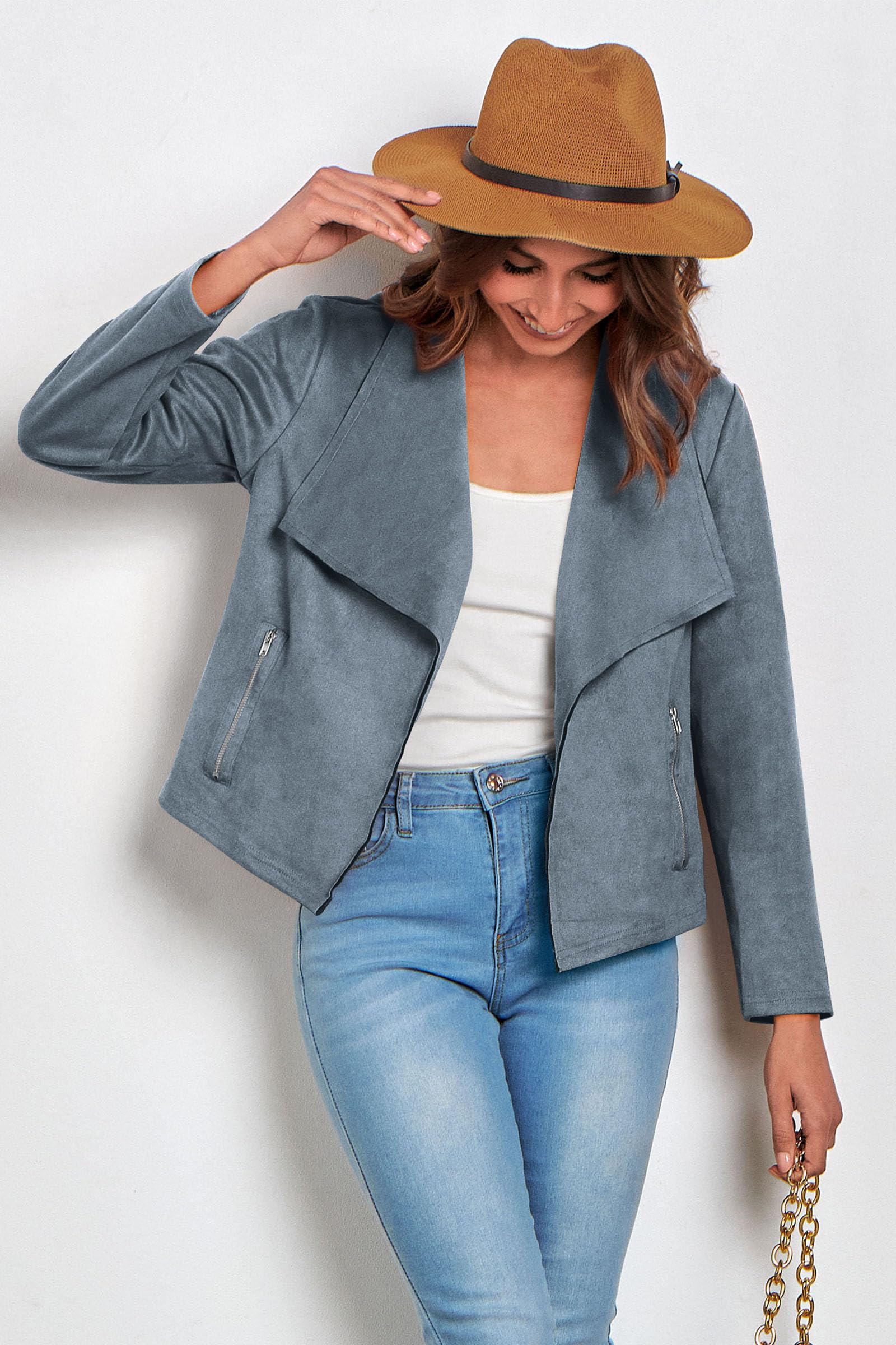 Women's Fall Fashion Faux Suede Jackets(Grey Blue,Small)