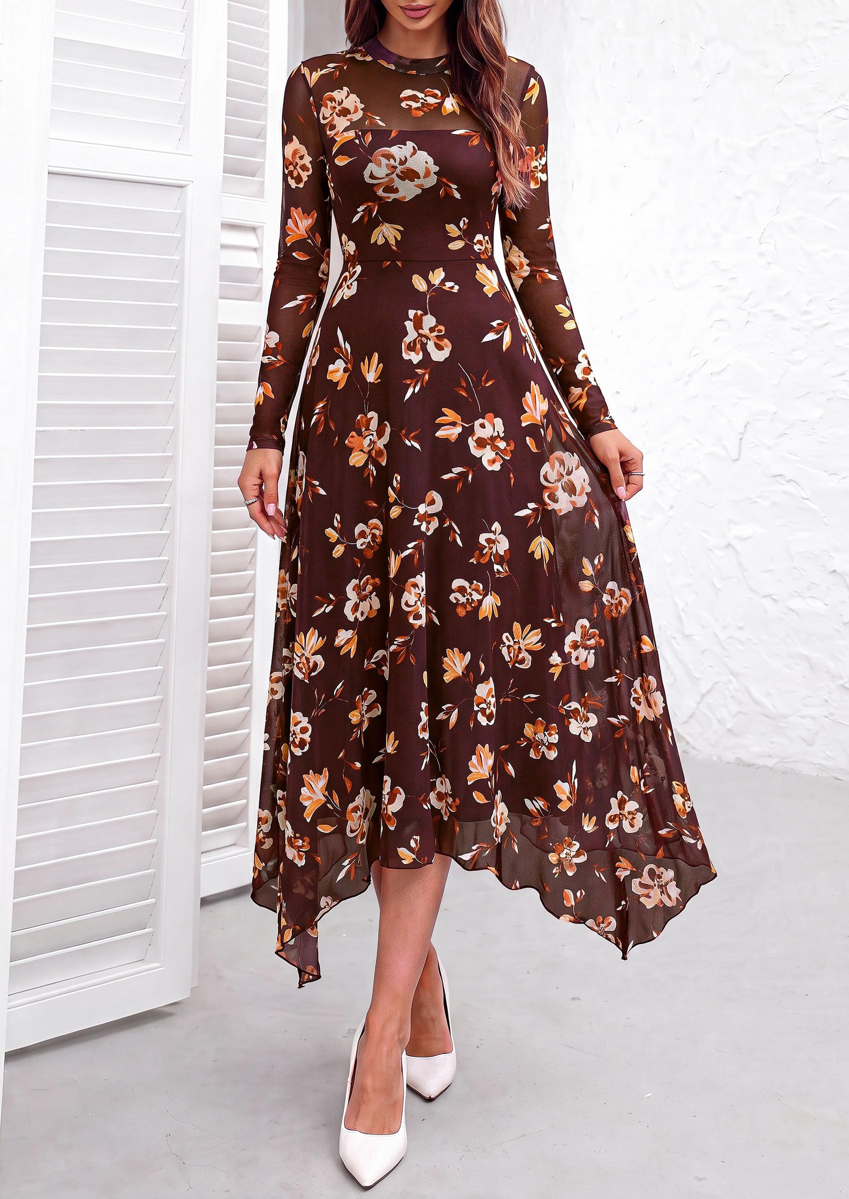 Women's Floral Mesh Midi Dress,Floral Burgundy Yellow,S