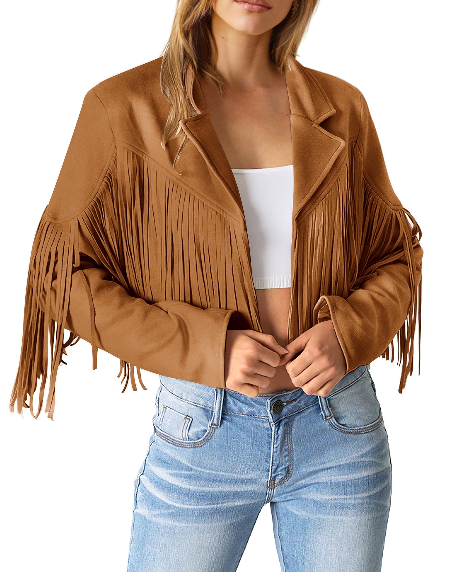 Women's Fringe Faux Suede Leather Jackets,Brown Yellow,M