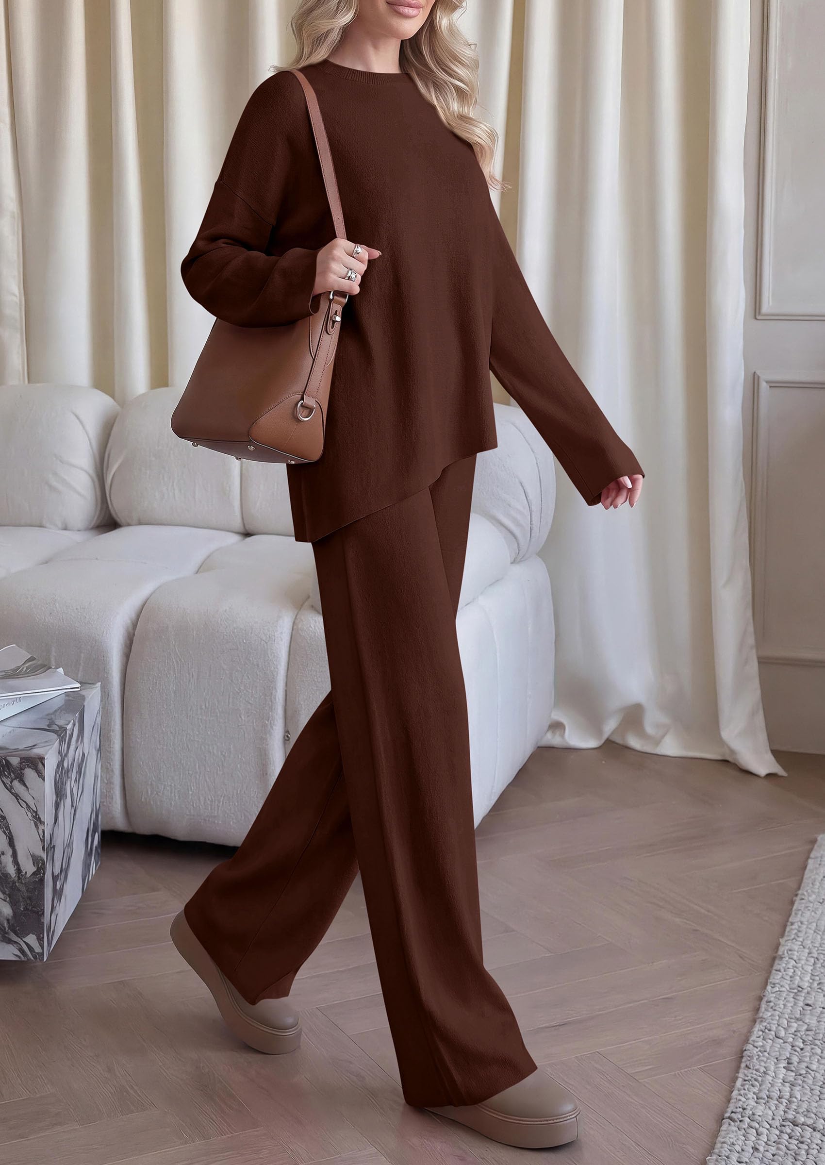 Womens Fall 2 Piece Asymmetric Cozy Sweater Travel Lounge Sets