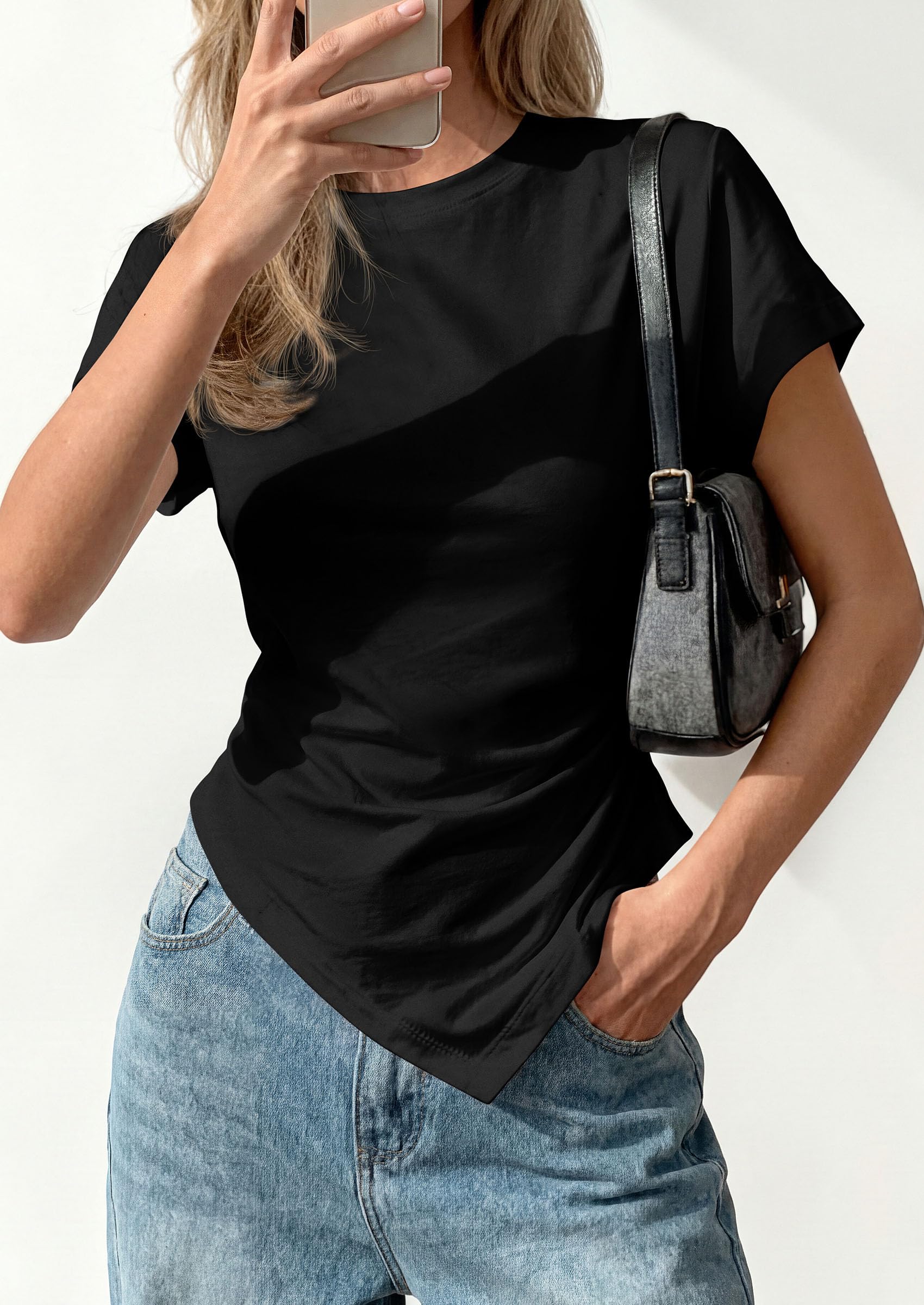 Womens Asymmetrical Summer Short Sleeve Tops,Black,XS