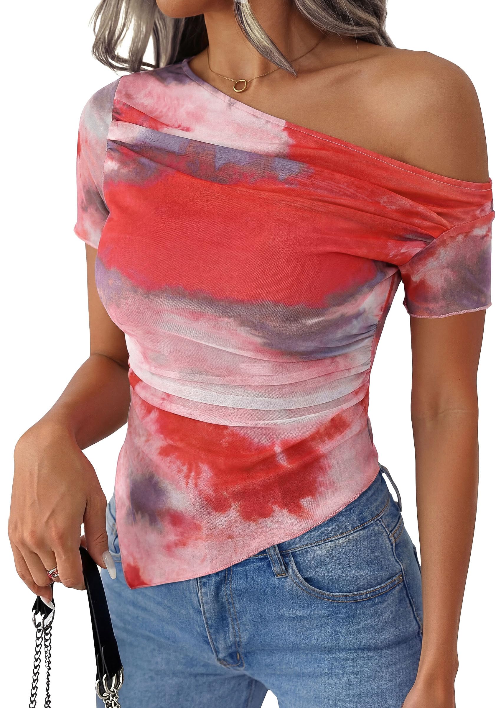 Mesh Off The Shoulder Tops for Women,Watercolor Pink,XS