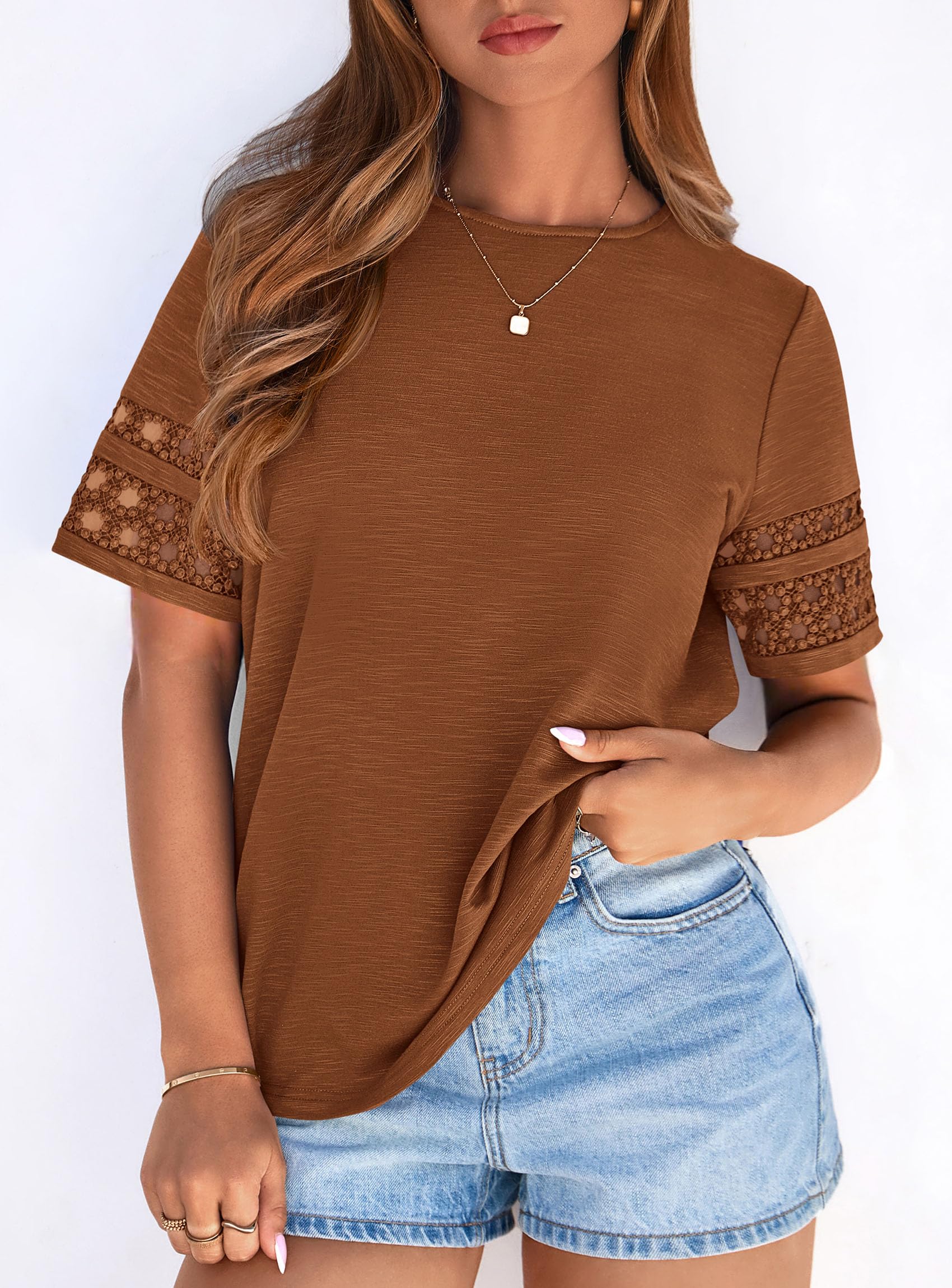 Women's Summer Short Sleeve Lace Trim T-Shirts,Caramel,S