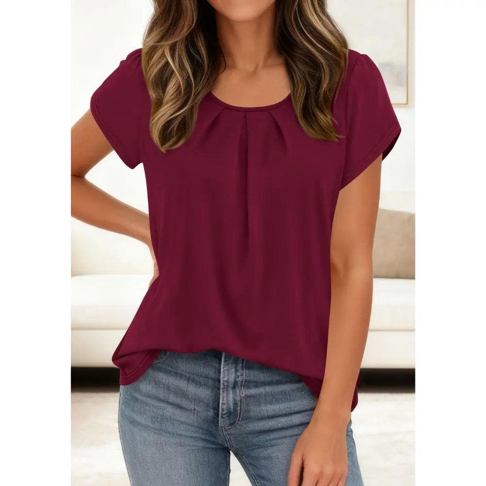 Women's Summer Pleated Crew Neck T-Shirt
