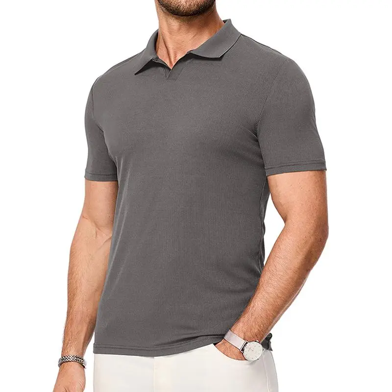 JMIERR Men's Muscle V - Neck Slim - Fit Ribbed Polo