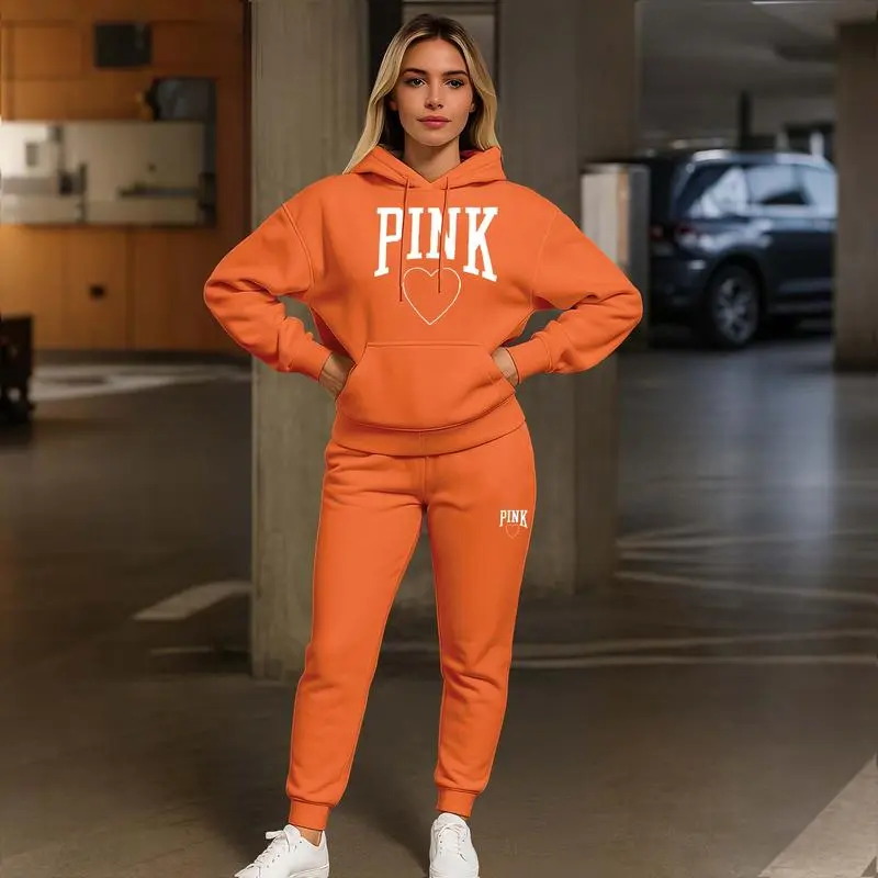 Women's Pink Heart Print Hoodie & Track Pants Set