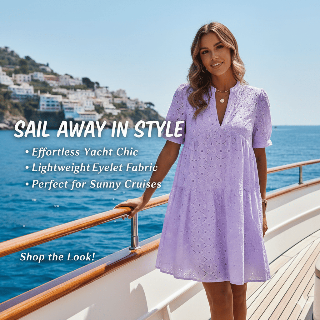 Women’s Summer Lace Dresses Eyelet Casual Flowy Babydoll Swing Short Sleeve V Neck Tunic Dress