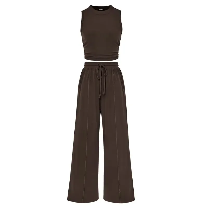 🔥Women's 2-Piece Outfits - Ribbed Knit Crew Neck Sleeveless Cropped Top & Wide Leg Pants Lounge Set