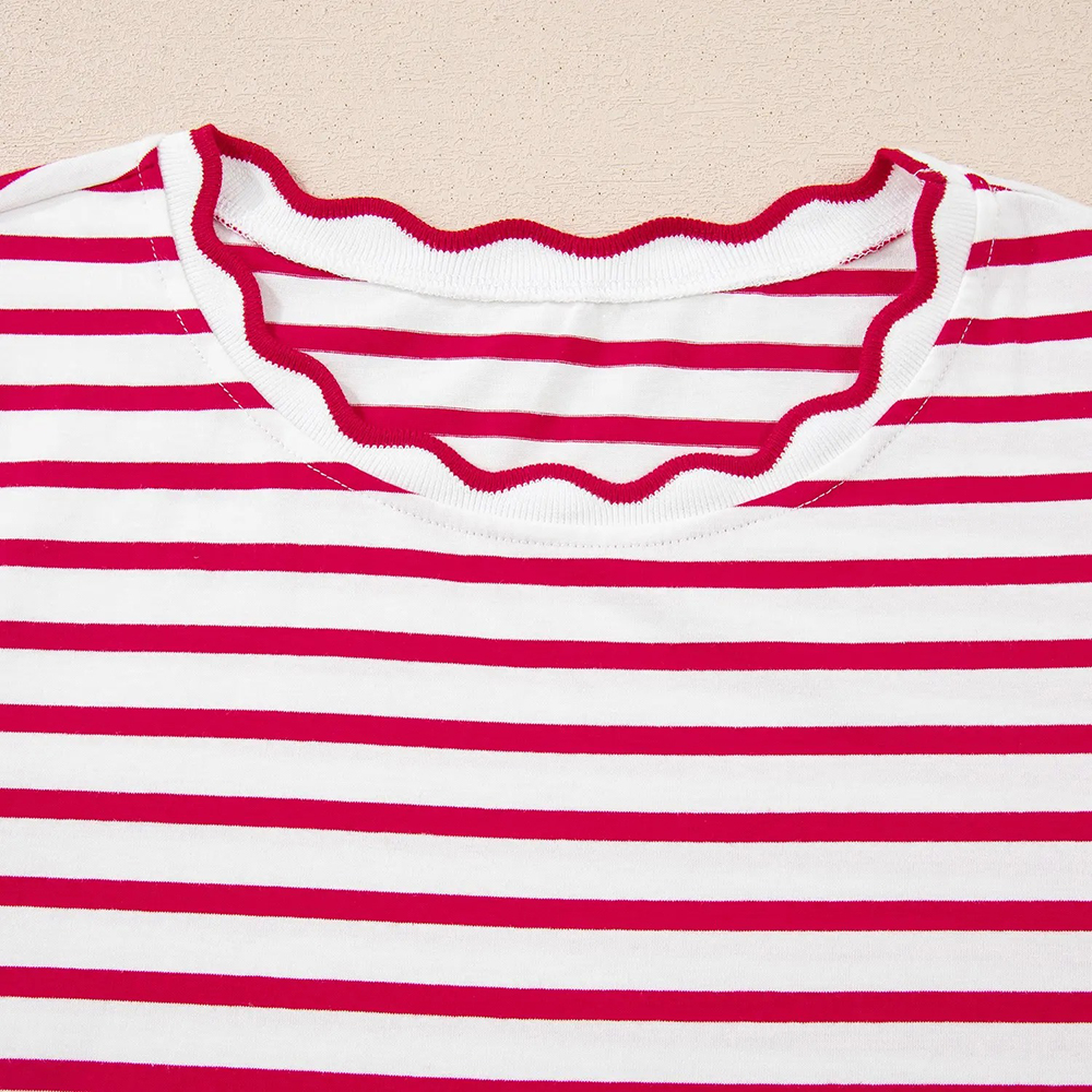 Women's Top Stripe Scalloped Trim Round Neck T Shirt
