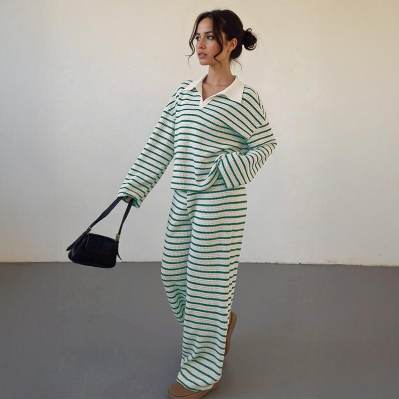 🔥5 PACK ONLY $24 Women's Casual Color-Block Striped Long-Sleeve Top and Wide-Leg Pants Set