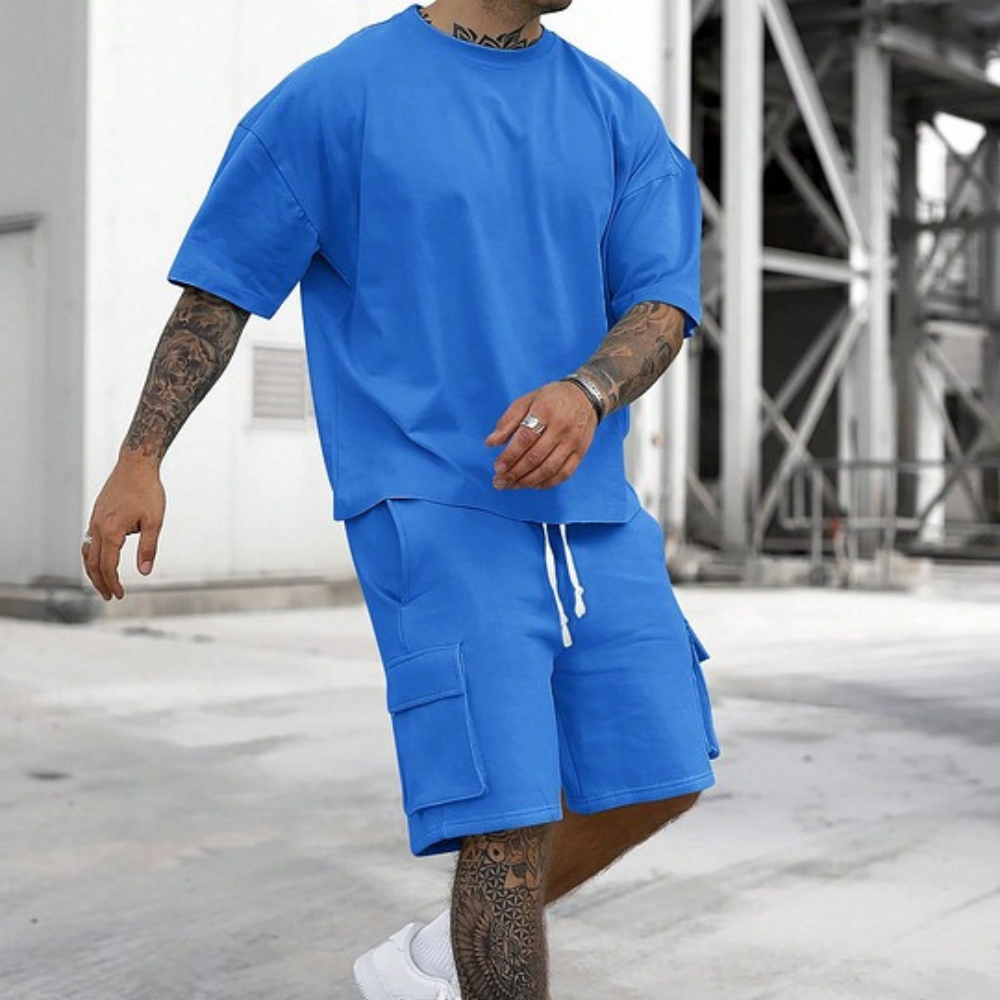 Men's Solid Tee & Cargo Shorts Set