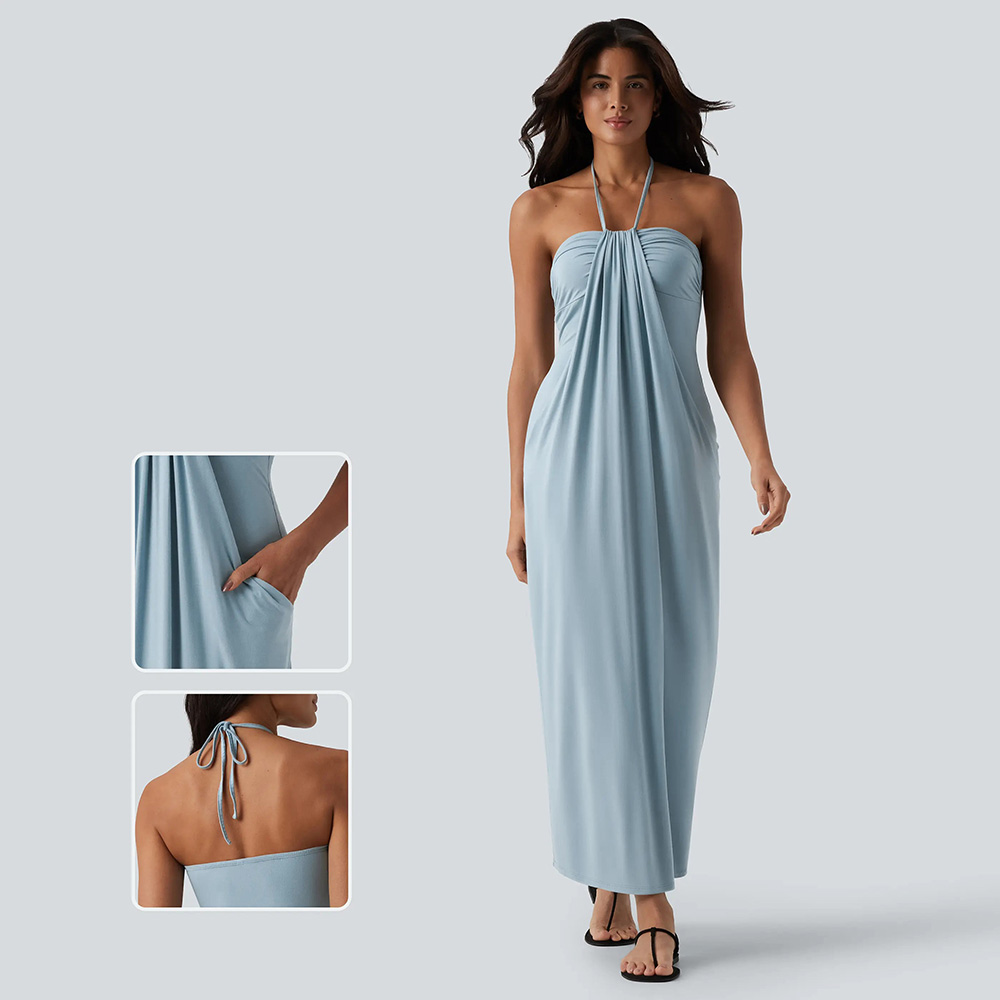⚡FINAL SALE⚡Women's Halter Tie Back Maxi Dress with Pockets