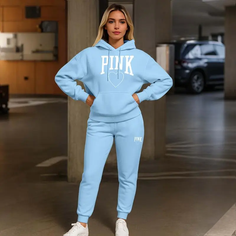Women's Pink Heart Print Hoodie & Track Pants Set